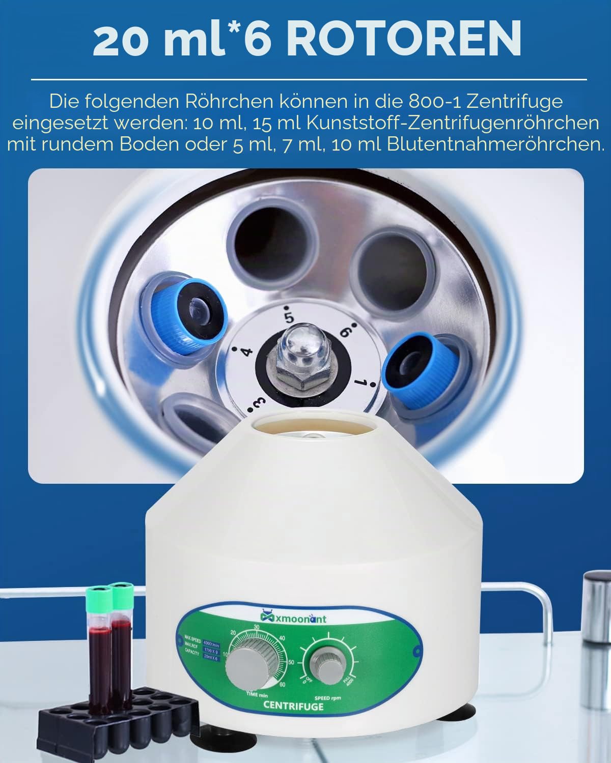 Mxmoonant Laborzentrifuge, 4000rpm, 6x20ml, 1790xg, 60min Timer, 4kg, φ245x215, geeignet für 20ml/15ml/10ml/5ml Teströhrchen, für Trennung von Proben, Qualitative Analyse (EU Stecker)