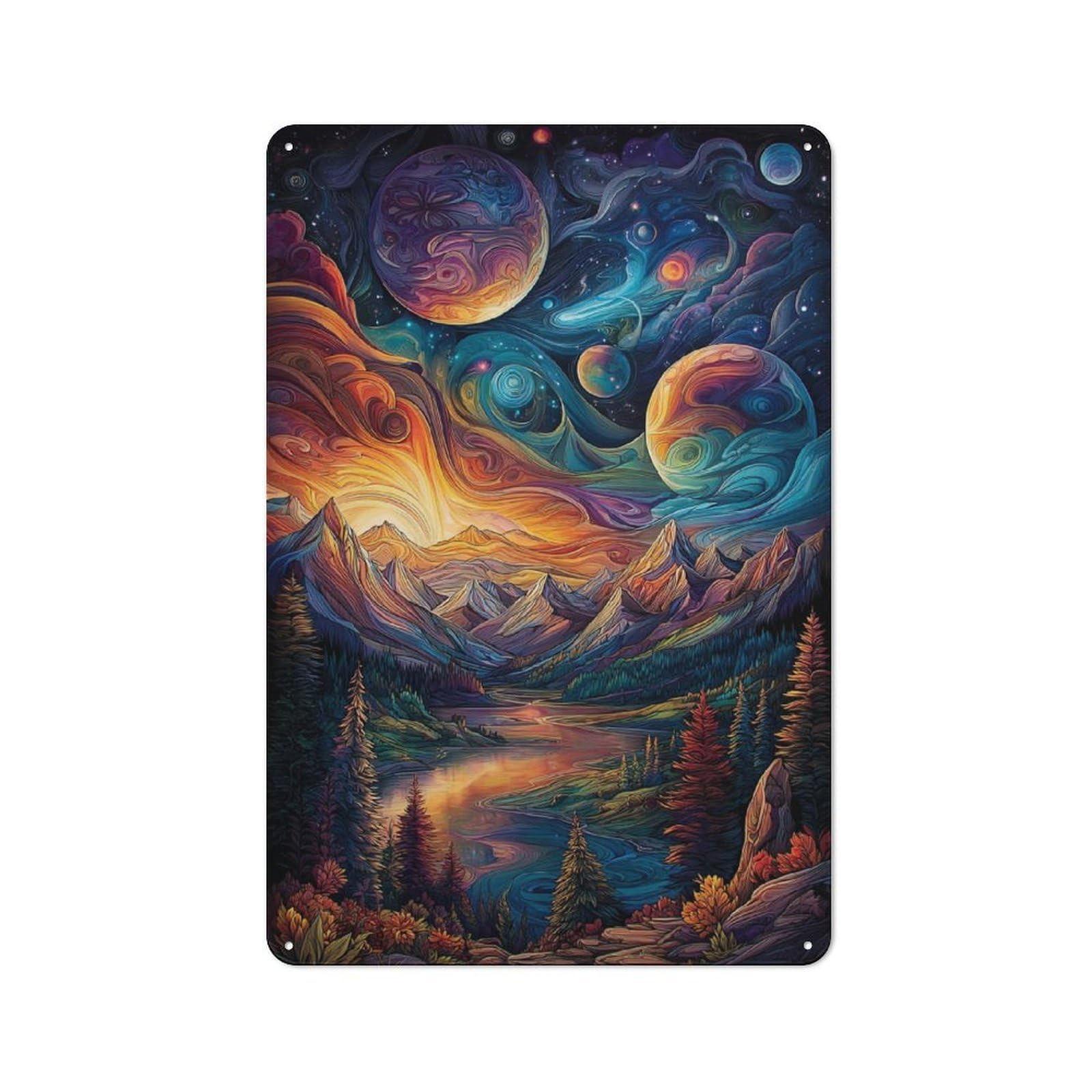 Vibrant Cosmic Landscape Classic Metal Wall Decor 30x20cm, Decorative Tin Plaque for Cafe, Pub, Workshop Or Home Bar
