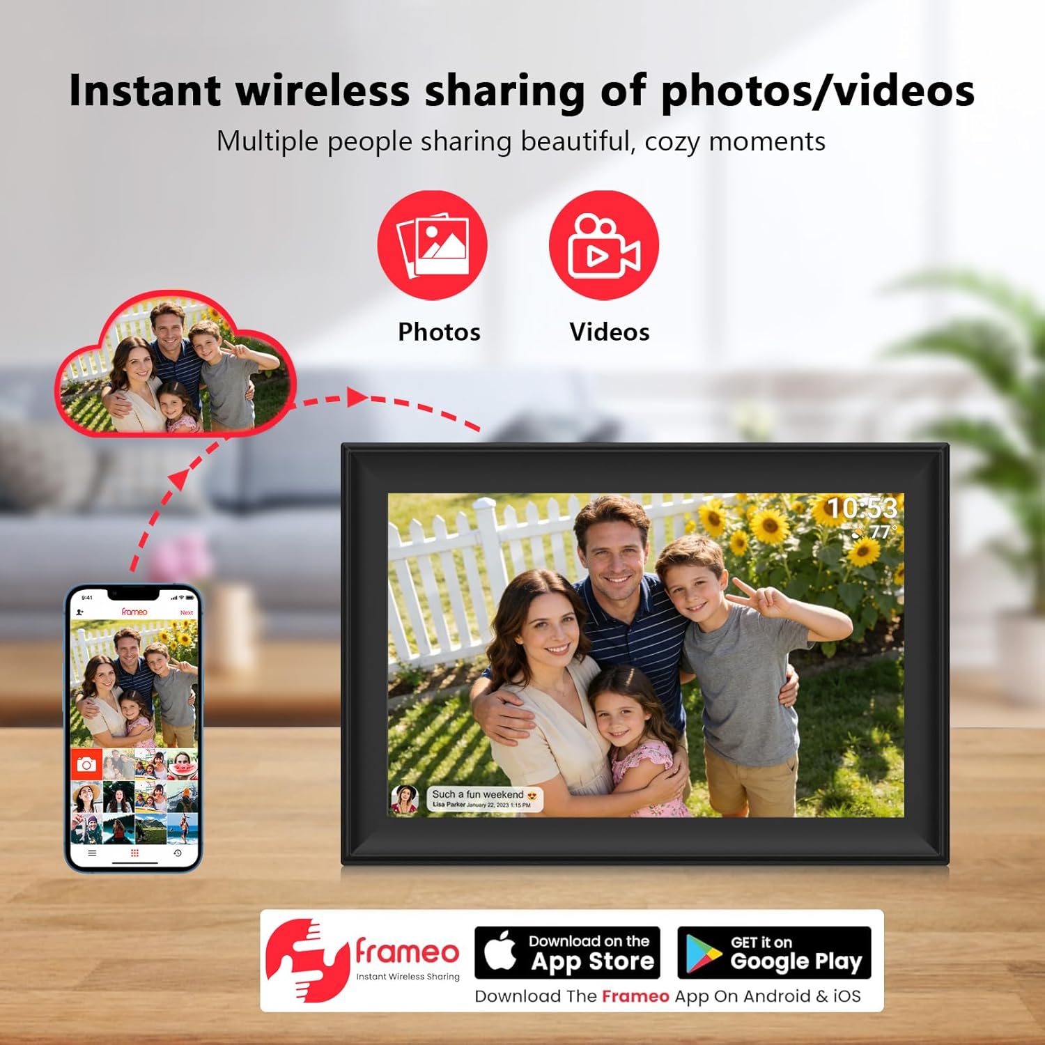 FRAMEO 10.1 inch Digital Photo Frame WiFi 32GB HD IPS Touch Screen Digital Picture Frame Expandable Storage via USB or SD Card (up to 64GB) Easy Setup Share Photo or Video via Frameo APP