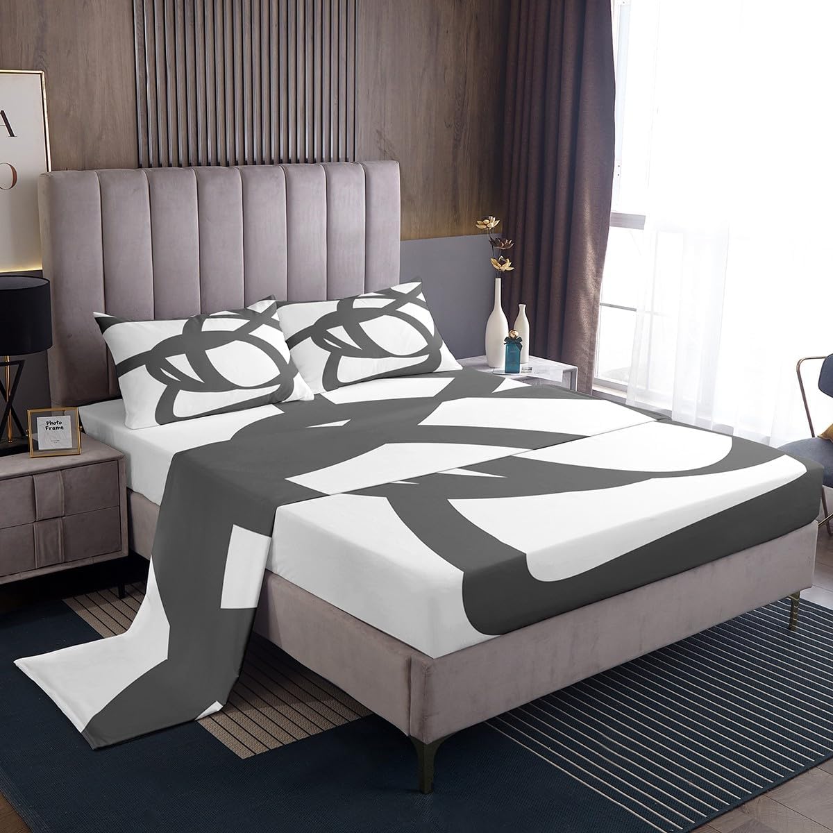 jejeloiu Grey and White Bed Sheets Set Full Size Geometric