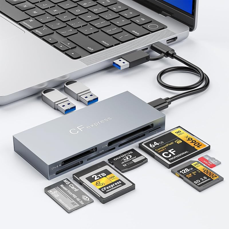 8-in-1 CFexpress Type B Card Reader USB C 3.2 Gen 2 10Gbps, Multi-Format Memory Card Reader Hub with 2 USB 3.2 Gen 2 Data Ports, Supports CFE-B, CF, SD, MicroSD, MS & XD Cards