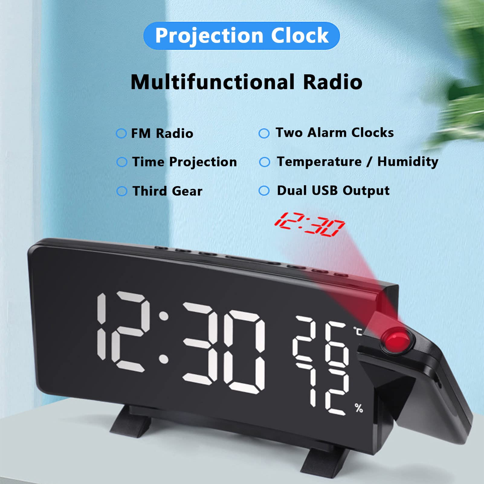 RayGenius Despertador De ProyeccióN Digital con Radio FM, Proyector De 180°, Gran Pantalla De Espejo Led De 7'', AtenuacióN AutomáTica, con Cargador USB para MóVil, NiñOs (Negro)