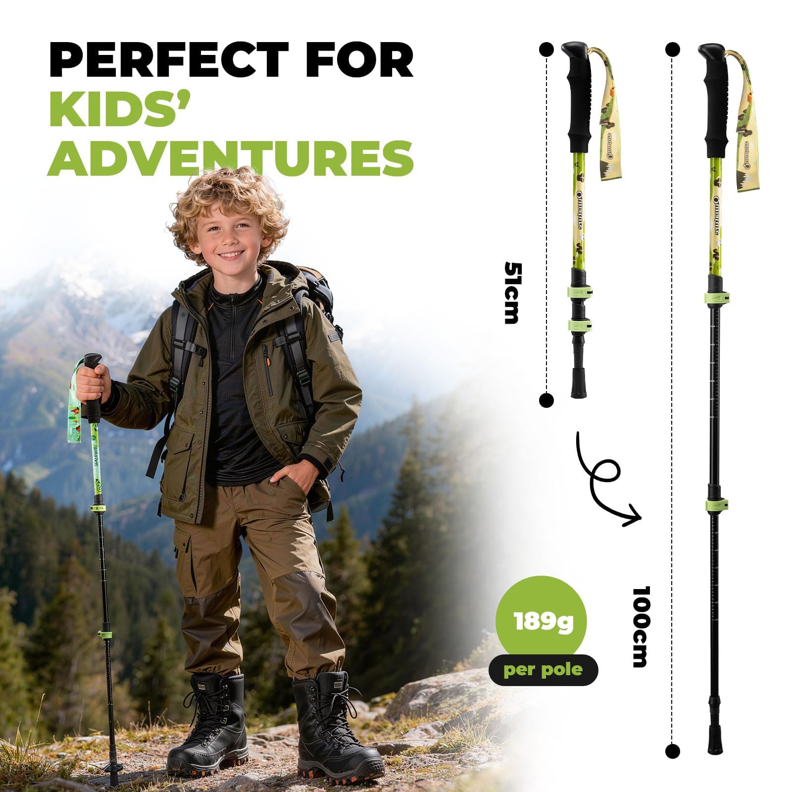 Bastoni da Trekking per Bambini Bastoncini da Trekking Pieghevoli Regolabile 51-100cm in Alluminio con Manico in Eva, Bastoncini Telescopici Leggero per Montagna Escursioni