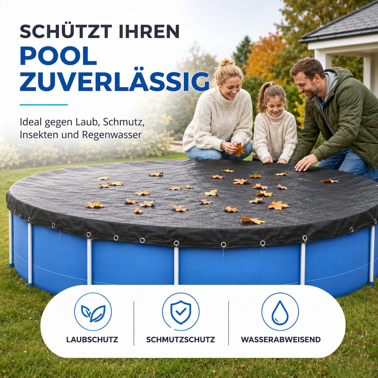 Telo di copertura per piscina rotondo, extra spesso, 200 g/m², resistente ai raggi UV, per l'estate e l'inverno, colore nero, 460 – 500 cm (diametro 560 cm)