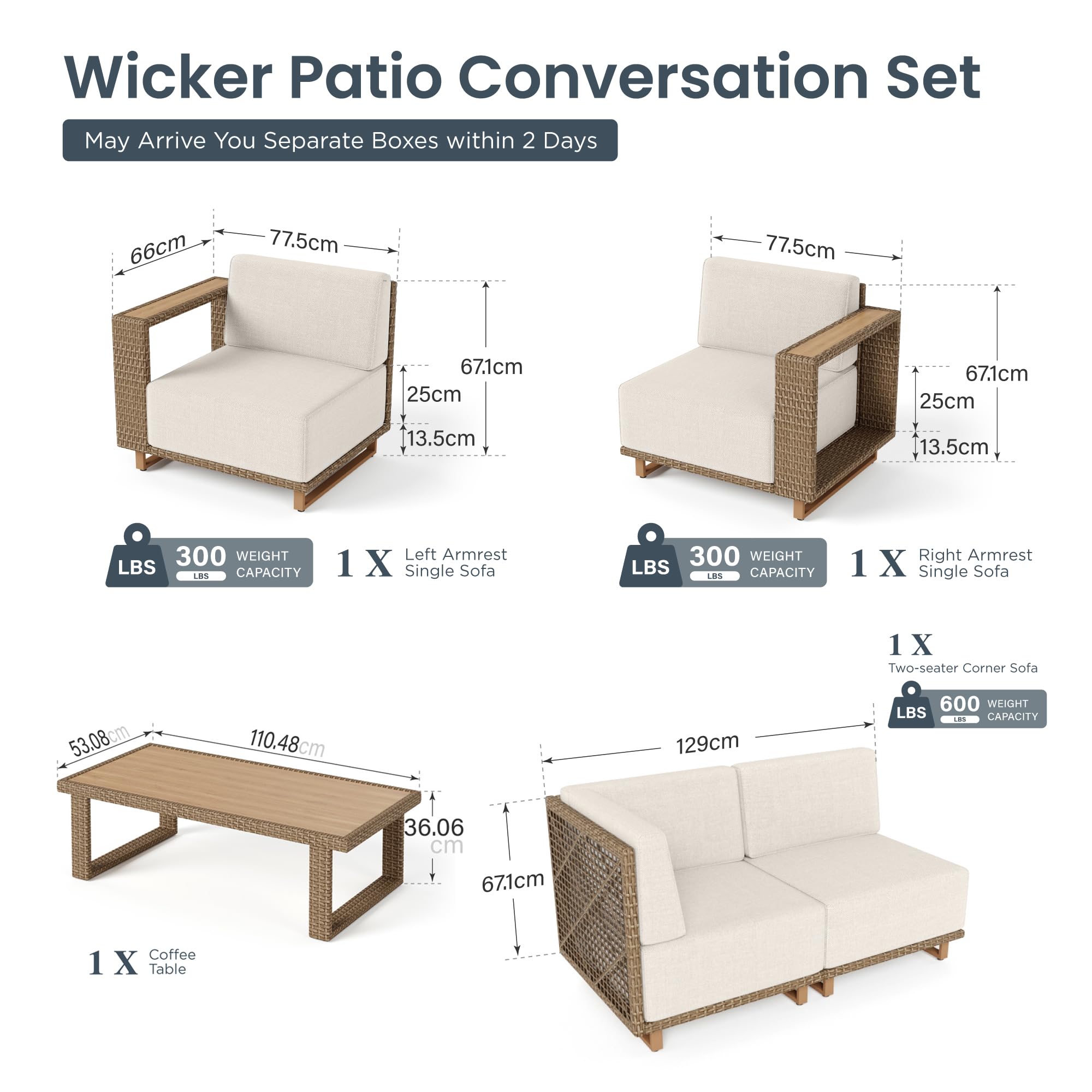 PHI VILLA Rattan Gartenmöbel Set Balkonmöbel für 4, Lounge Möbel Outdoor Sofa Sets für Garten und Terrasse, Allwetter Gartensofa Terassenmöbel Außen mit Dicken Weißen Kissen und Couchtisch