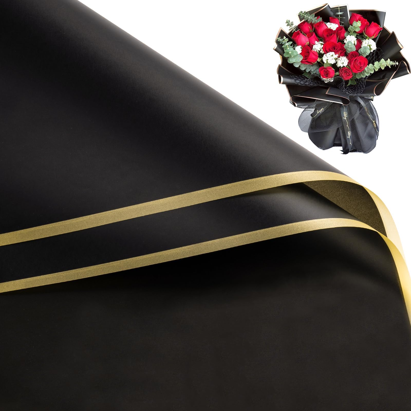 WRAPAHOLIC 20 Sheets Flower Wrapping Paper - 22.4 x 22.4 inch Gold Trim Black Water-Resistant Floral Bouquet Wrapping Paper, Florist Supplies Packaging Paper for Wedding Birthday Gift DIY