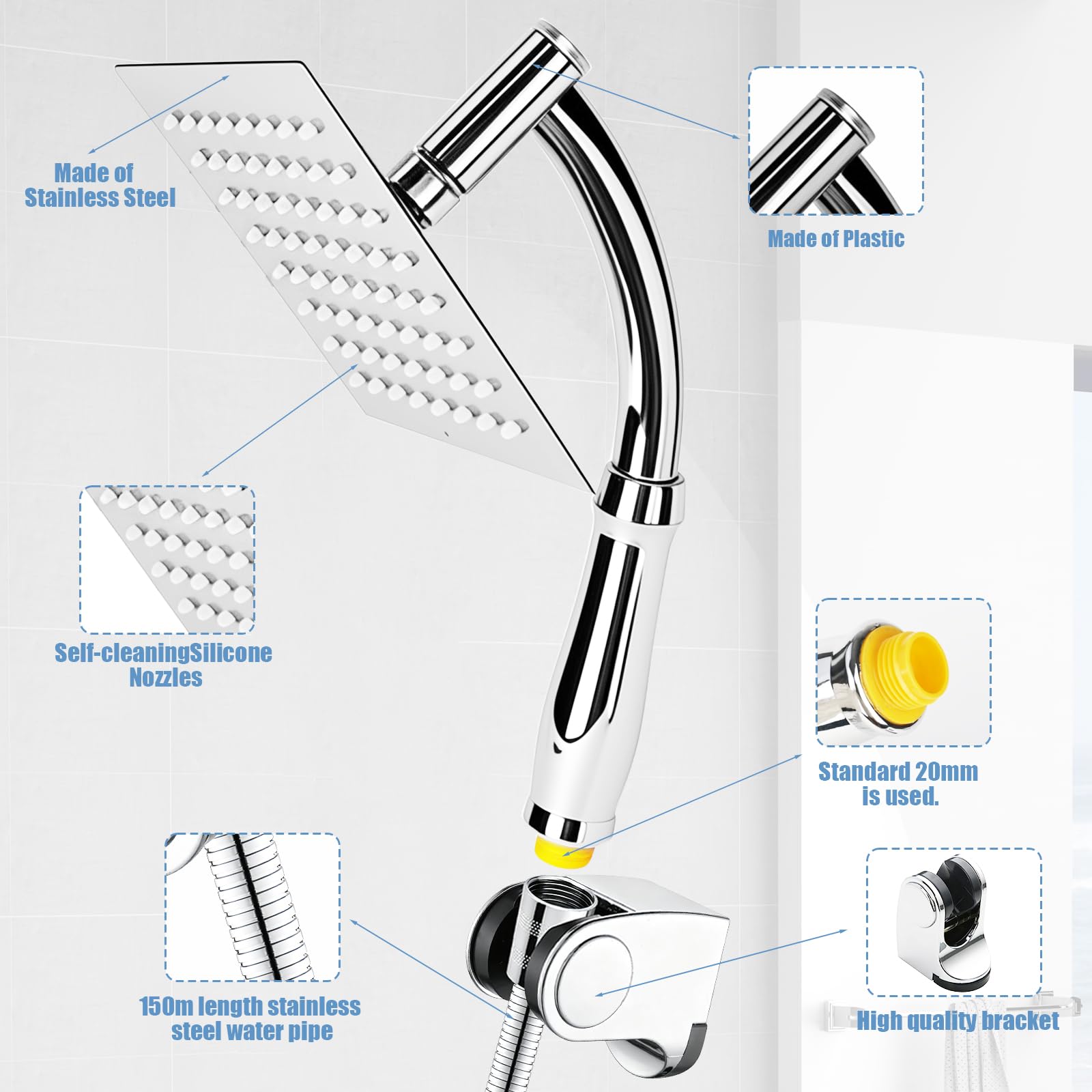 Grande soffione doccia quadrato a pioggia, 20,3 cm, in acciaio inox, con kit di staffe e tubo, soffione doccia a cascata per un'esperienza doccia lussureggiante, facile installazione (argento)