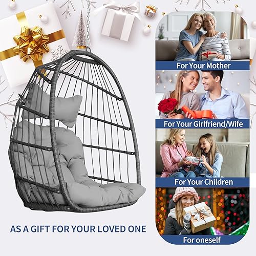 Miniatura 28 de NICESOUL Silla colgante con soporte para interiores y exteriores, cómodas sillas hamaca de ratán para patio con cojín, capacidad de 350 libras