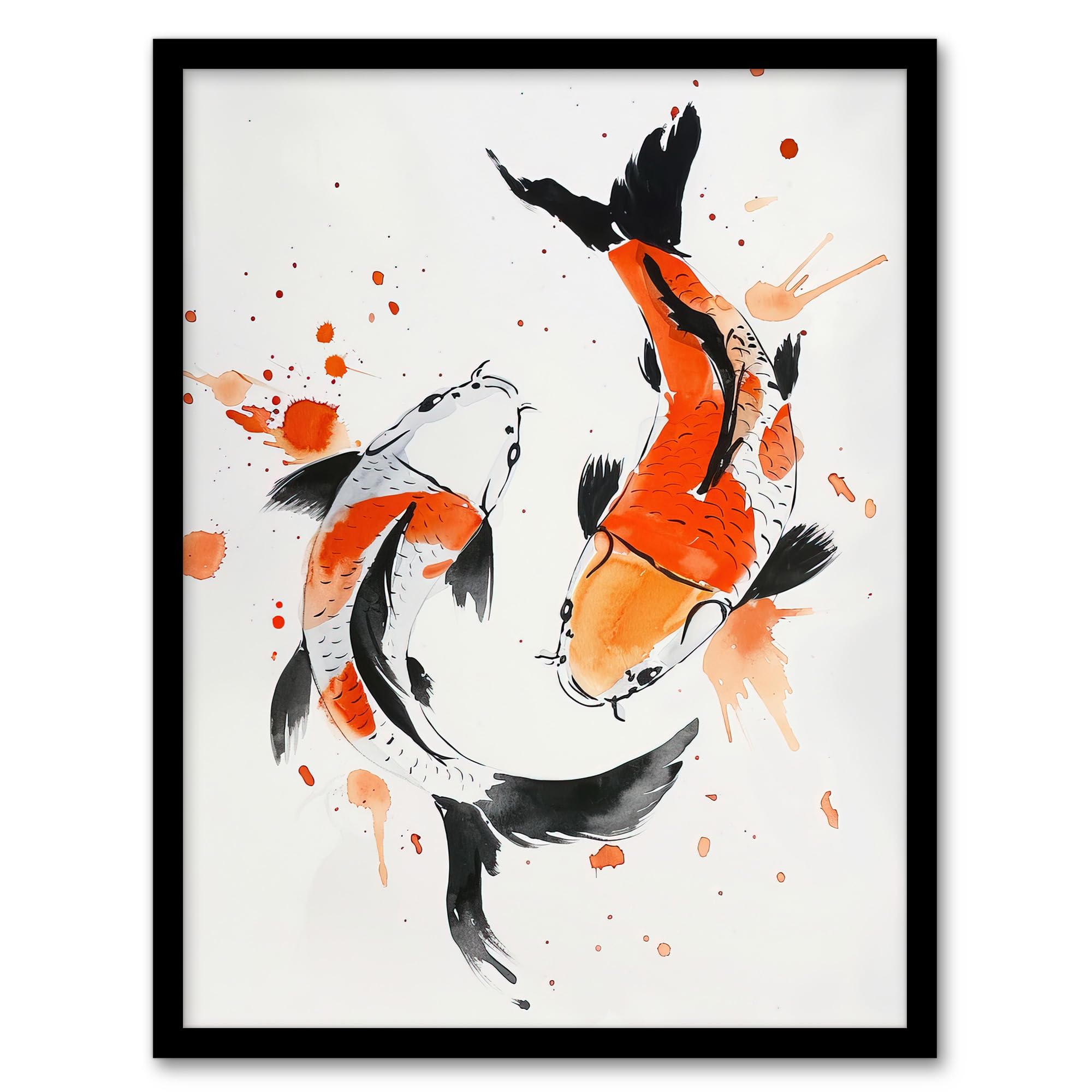 Artery8 Two Koi Carp Fish Orange Black Watercolour Living Room Artwork Framed Wall Art Print A4