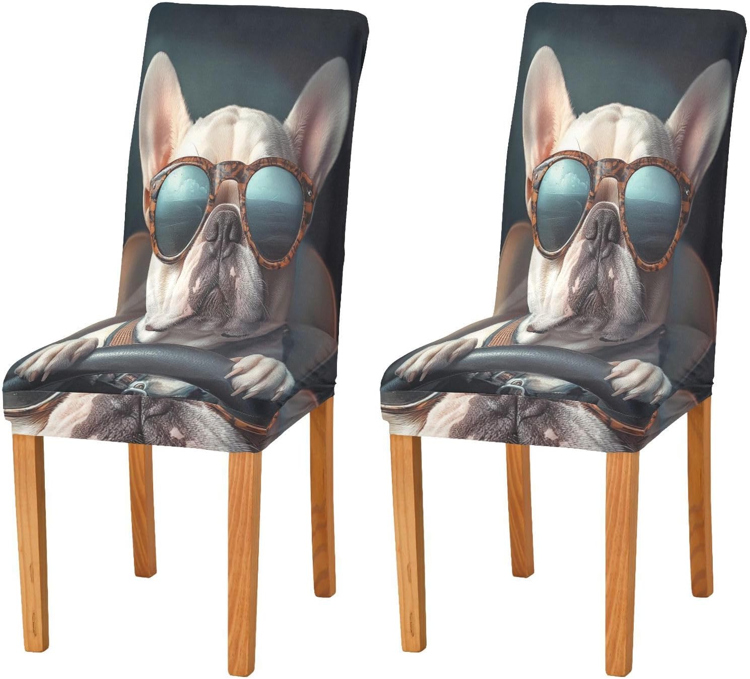 ALAZA Chair Covers for Dining Room, French Bulldog in Sunglasses Driving Stretch Chair Cover Sets Chair Protector Removable Washable for Ktichen Restaurant Hotel