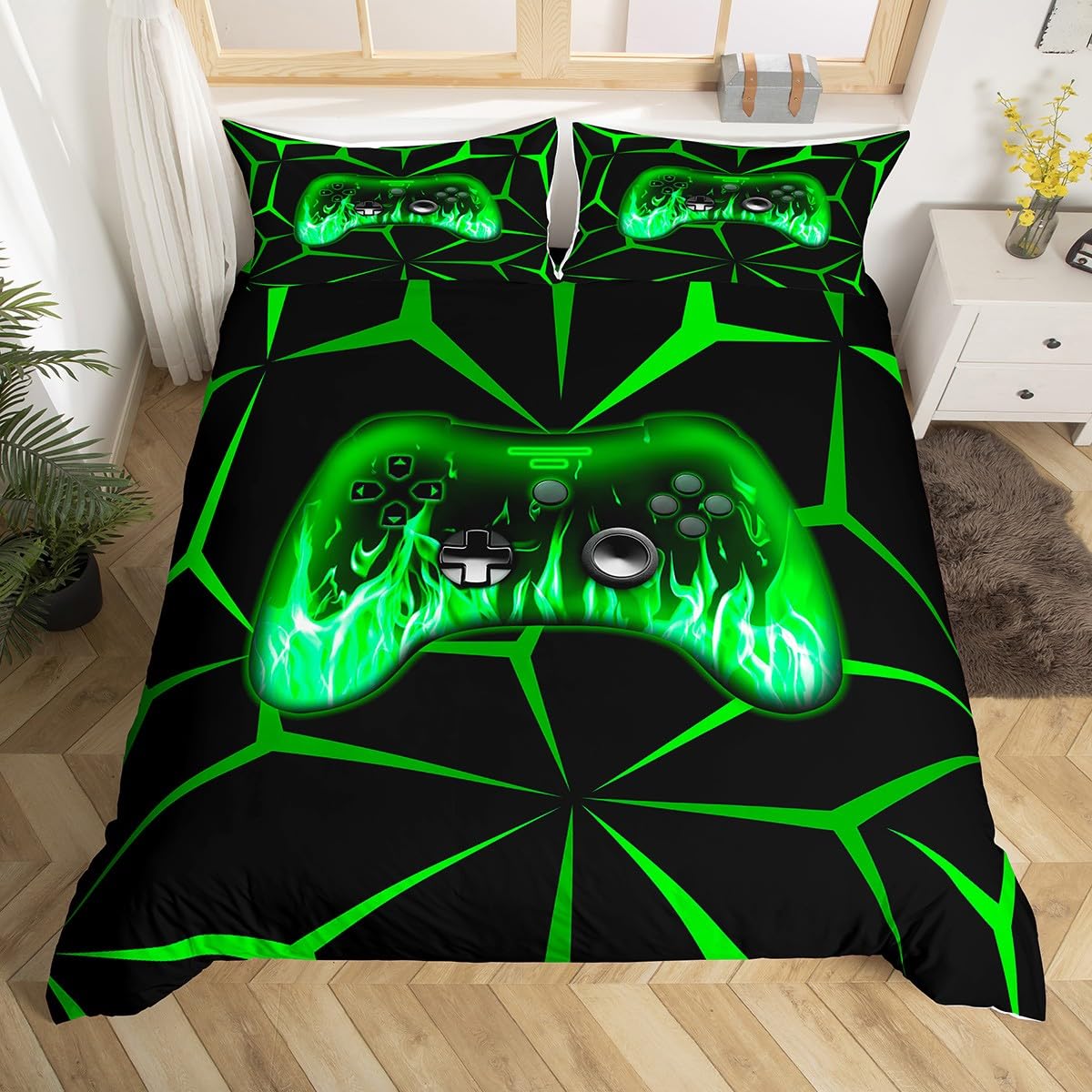 Homemissing Kids Gamer Duvet Cover Set,3D Video Gaming Bedding Set Single Size for Teens Boys,Green and Black Game Console Comforter Cover,Geometric Game Contoller Bedclothes - Image 2