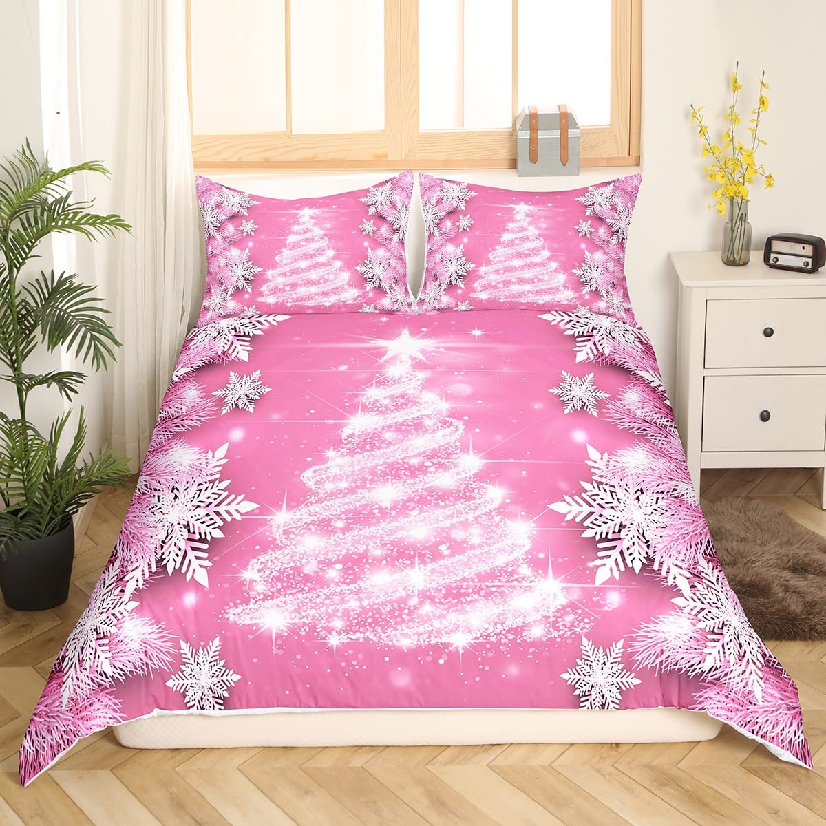Christmas Tree Bedding Duvet Cover Set Girls Pink Xmas Snowflake Bedding Set Women Kids Glitter Merry Christmas Decor Comforter Cover Set Microfiber Bedspread Cover Bedroom Bedclothes King Size - Image 3