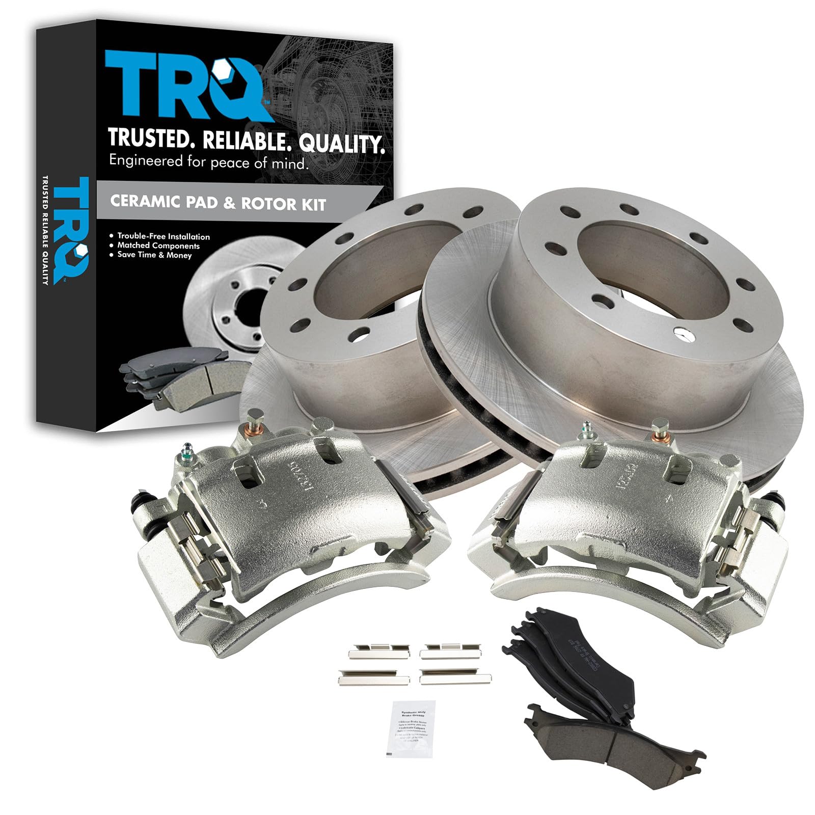 TRQ Rear Brake Pad, Caliper, &amp; Rotor Kit Ceramic Vented Compatible with 2003-2007 Ford E-250 1999-2002 E-250 Econoline