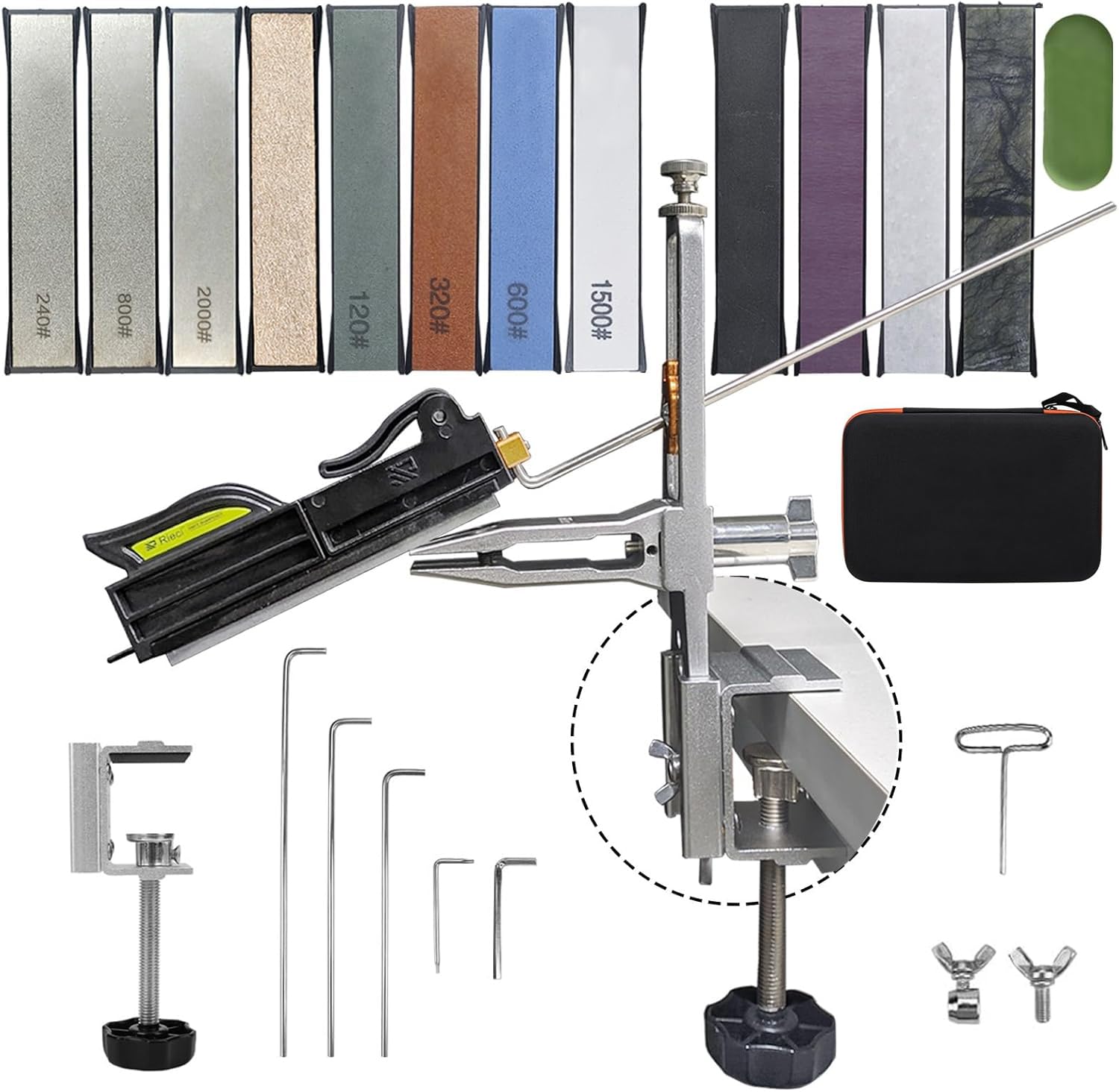 Affilacoltelli Professionale, Affilatore Coltelli Professionale 15-30° Angolo Regolabile, Sistema di Affilatura Coltello con 12 Pietre Abrasive, per Uso Interno Esterno, per Cucina Campeggio