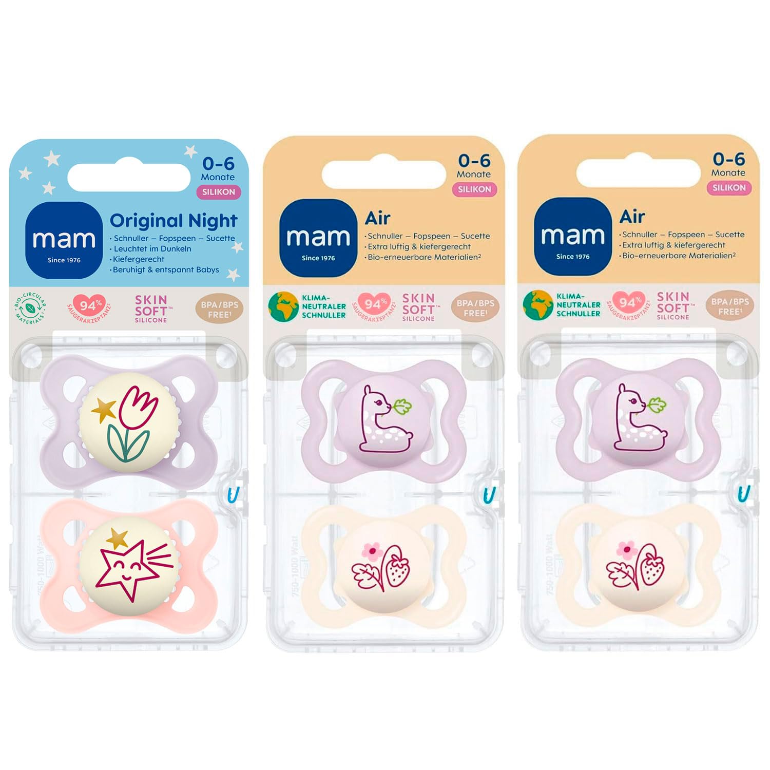 MAM Original Day & Night Siliconen fopspeen in set van 6 voor baby's van 0-6 maanden, tandvriendelijk, met 3 sterilisatie-transportdozen, vanaf de geboorte, 0 m, effen