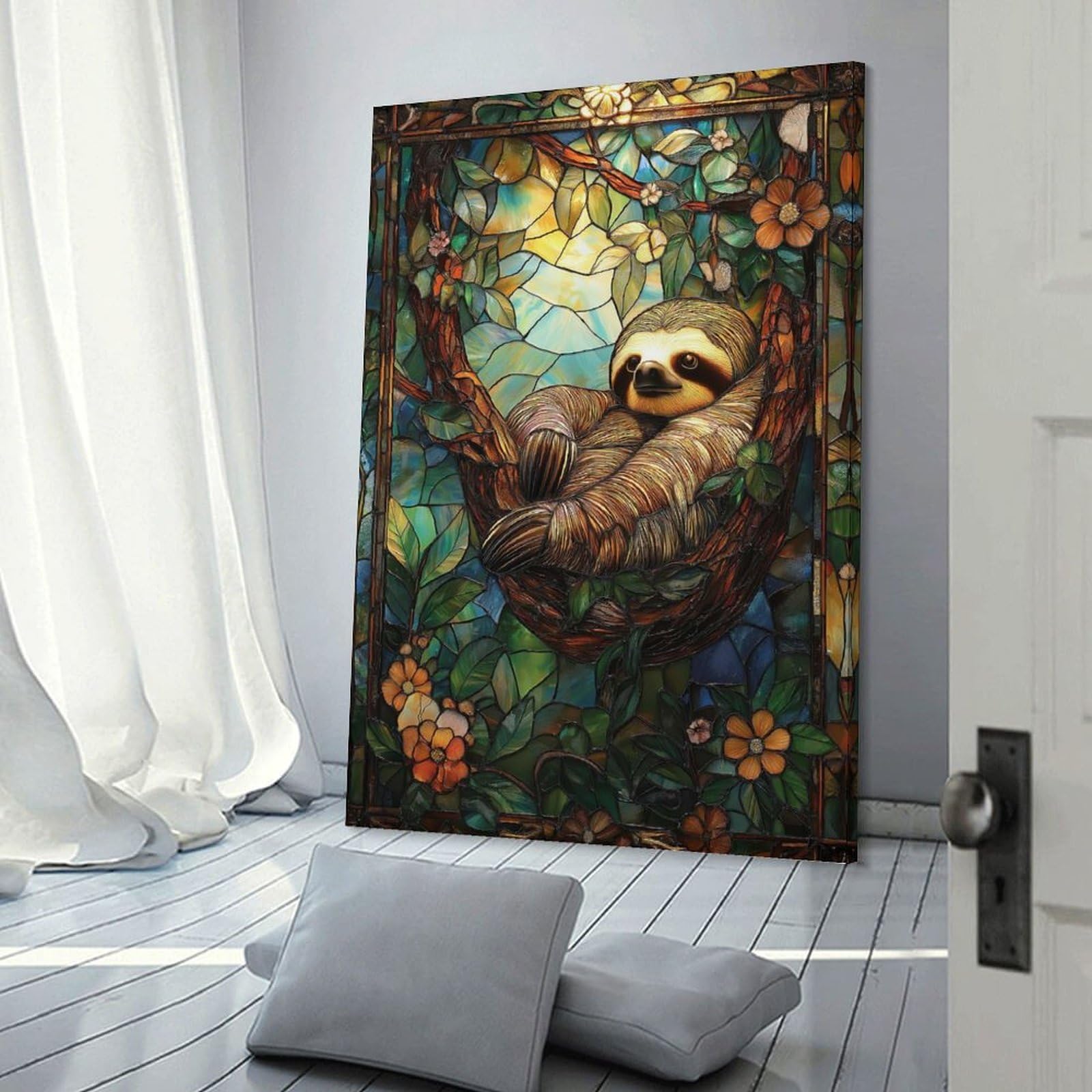 Junmoney Frame-Style-4 Stained Glass Sloth Canvas Wall Art 20X30inch(50X75cm), For Workspace Walls, Study Corners Or Bedrooms, Wall Art That Adds Style To Work Areas