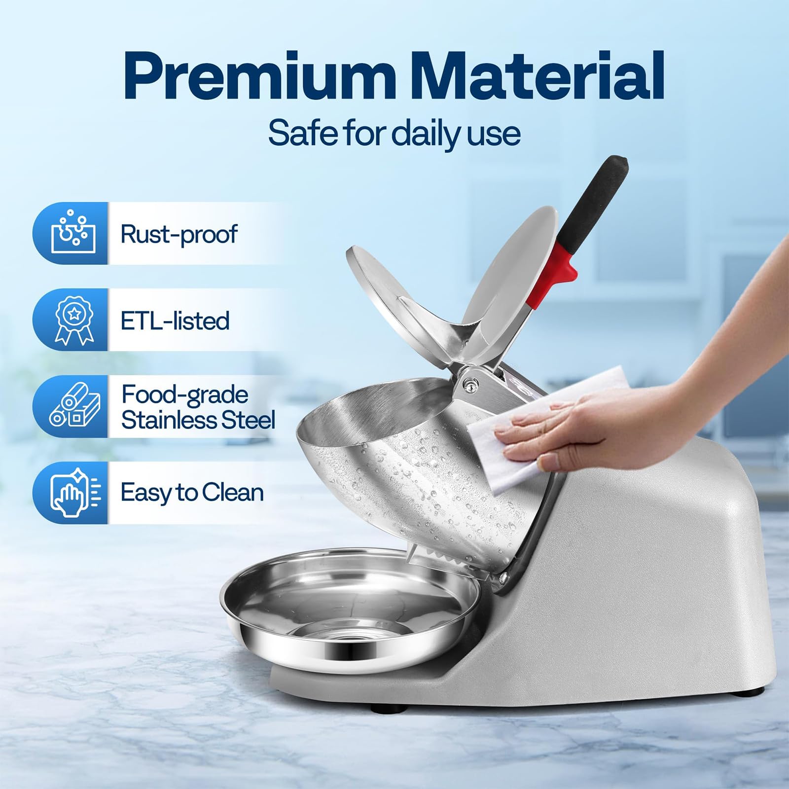 Tritaghiaccio Elettrico da 500 W, Macchina per Granite Professionale da 85 kg/h con Spessore Regolabile, Impugnatura Antiscivolo, Tritaghiaccio in Acciaio Inossidabile per Casa, Nego Red Eight-Knives