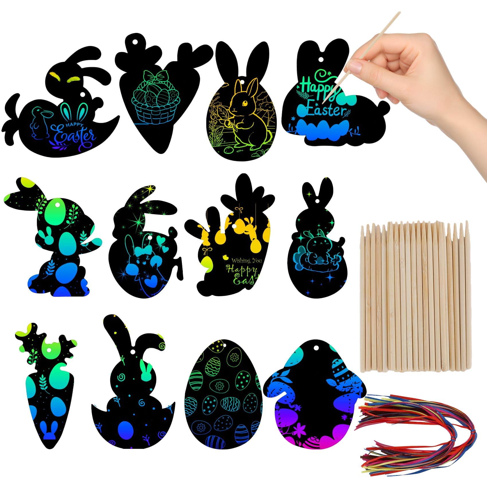 48Pcs Easter Scratch Art Kit – Rainbow Egg Decorations Paper, Easter Crafts for Kids, Arts and Crafts for Kids, Easter Gifts for Toddlers, Kids, Adults, Party Bag Fillers, School & Home Easter Craft