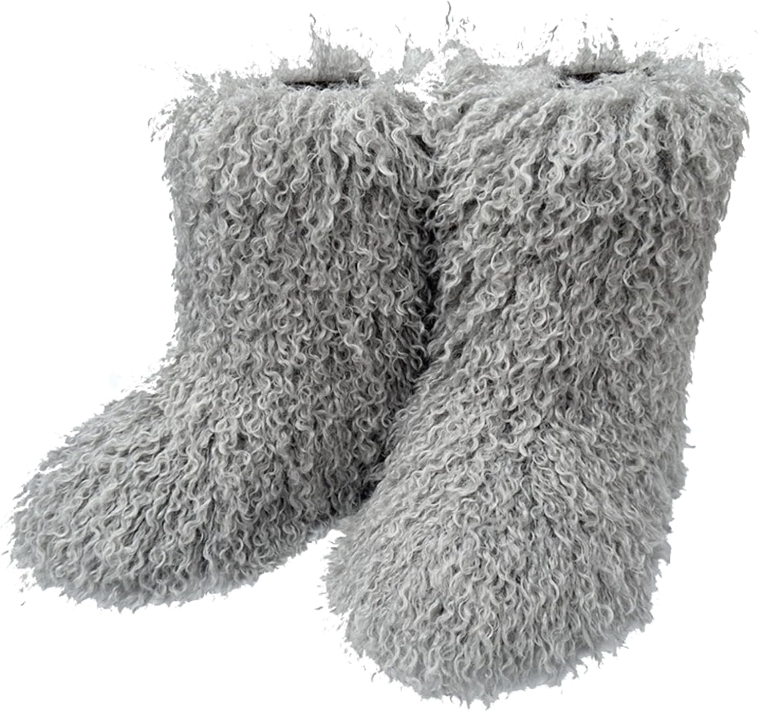 Y2K Faux Fur Boots for Women - Mongolian Inspired Winter Snow Booties, Fluffy & Warm Cute Boots,Light Gray,8.5