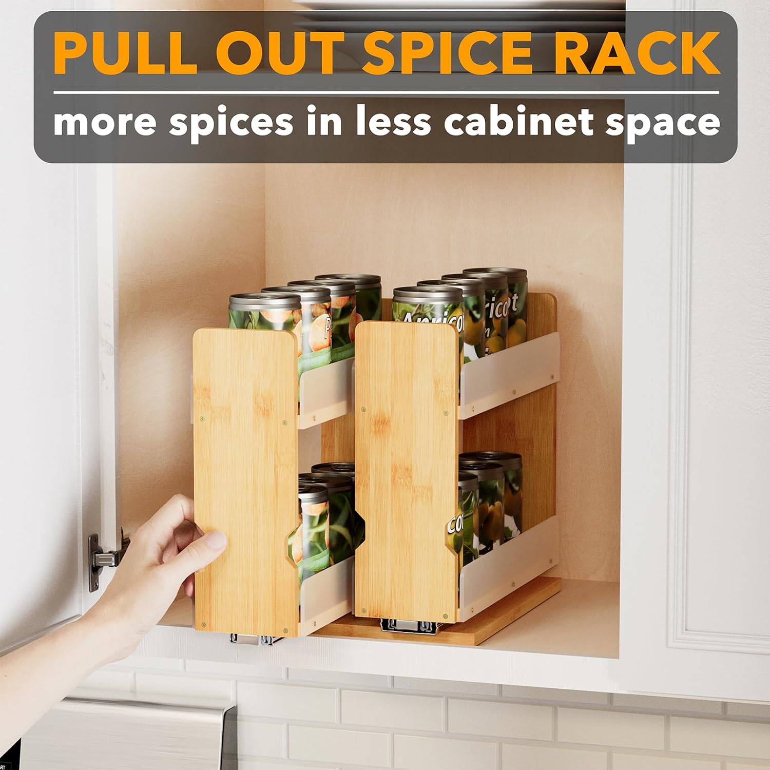 SpaceAid Bamboo Pull Out Spice Rack Organizer for Cabinet, Heavy Duty Slide Out Seasoning Kitchen Pantry Sliding Vertical Organization, 7.3" Wide, 2 Drawers(3" Wide), 2-Tier, Natural image 5