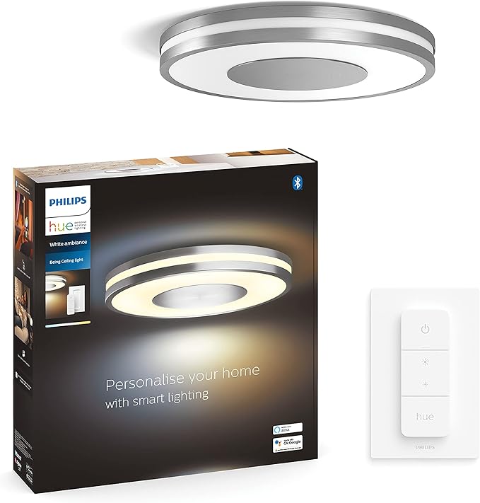 Philips Hue Philips Hue Being Plafondlamp - Duurzame Led Verlichting - Warm Tot Koelwit Licht - Incl. Dimmer Switch - Verbind met Bluetooth of Hue Bridge - Werkt met Alexa en Google Home - Aluminium - Rond