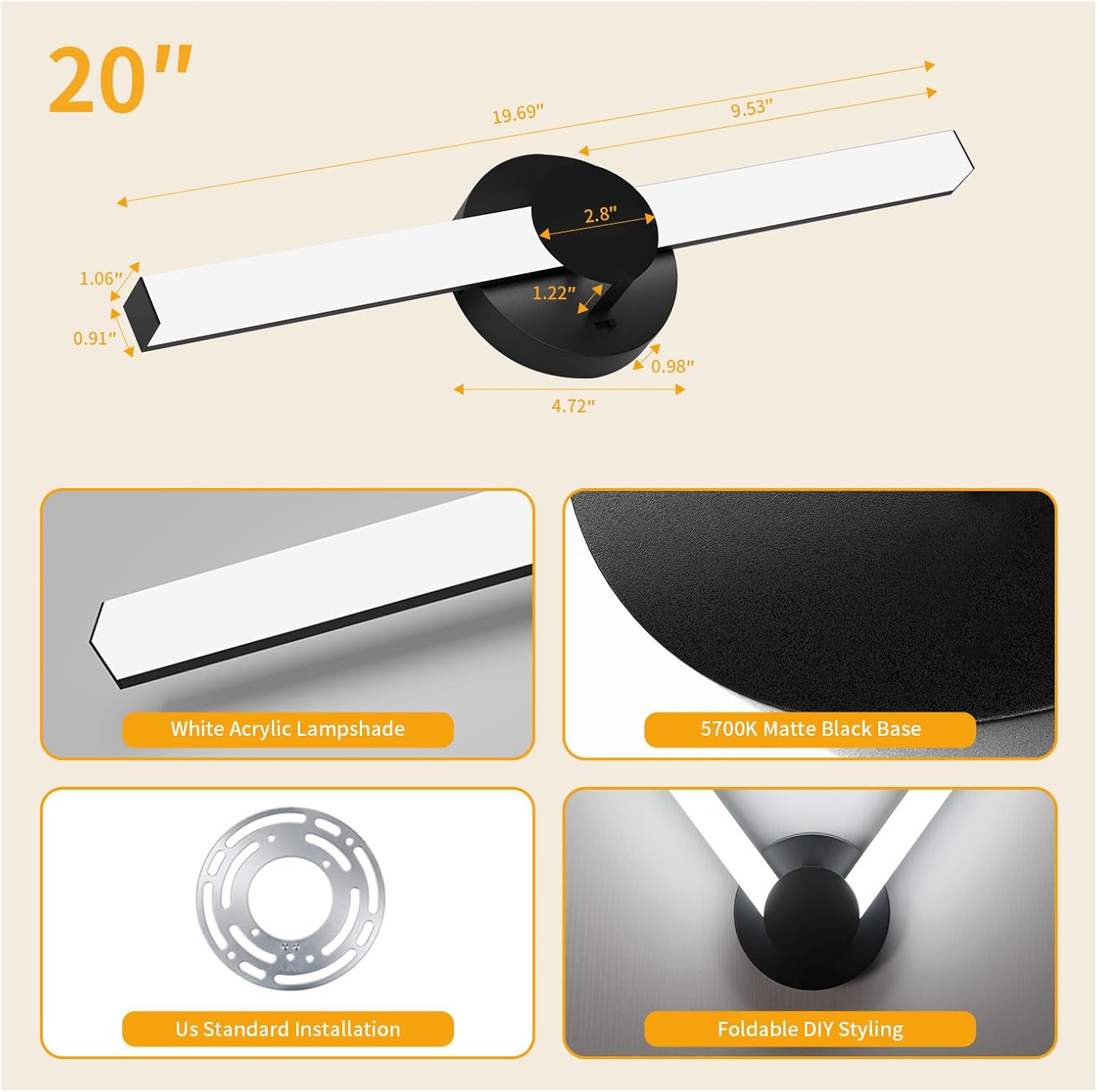 LED Bathroom Light Fixtures 20 inch 24W IP44 Black Modern Vanity Light Energy-Efficient 5700K Cool White Dimmable Bathroom Lighting Fixtures Over Mirror - ETL Certified(2 Pack)