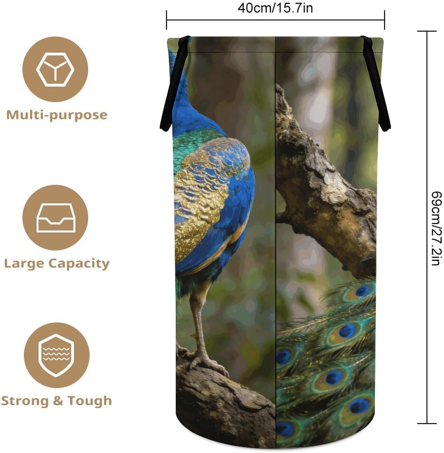 Colorful Peacock on A Tree Branch Laundry Hamper 86L Waterproof Collapsible Clothes Basket with Double Handles Freestanding Foldable Laundry Basket Large Clothes Hamper for Bathroom