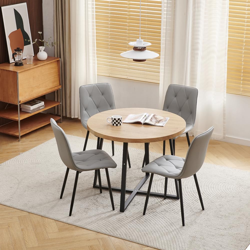 Pantanal 95cm Round Oak Wood Dining Table and White Leather Chairs Set of 4, Modern 5 Pieces Compact Kitchen Table with 4 Elegant Argyle Grid Chairs for Dinette Restaurant Small Space - Image 2
