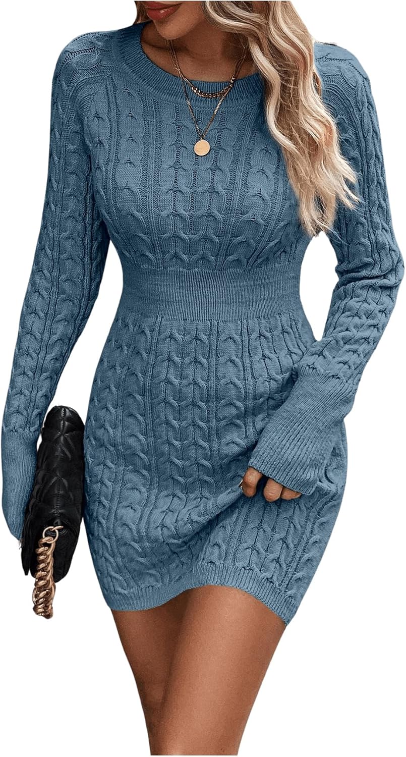 GORGLITTER Women's Cable Knit Sweater Dress Long Sleeve Knit Fall Winter Dresses Crewneck Mini Pencil Dresses