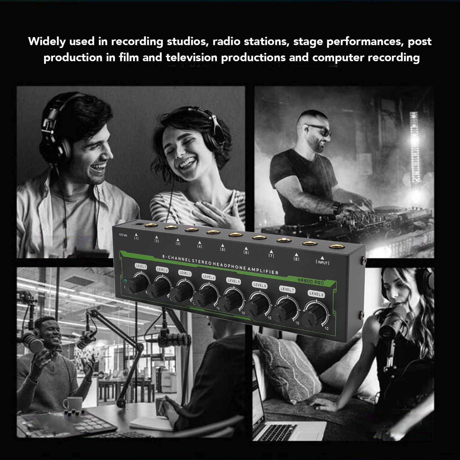 Jectse Amplificatore per Cuffie a 8 Canali, Amplificatore Audio per Cuffie Stereo in Metallo con Jack da 6,35 Mm, Controllo del Volume Multi Porte Splitter per Cuffie per Studi di