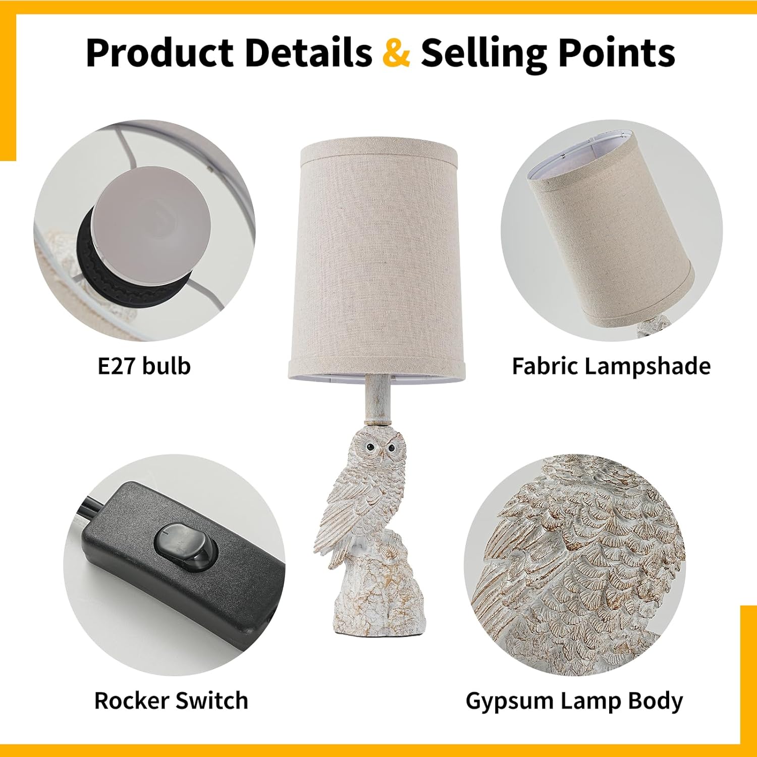 Vintage White/Wood Grain Owl Table Lamp - Resin Sculpture Base & Linen Shade | 16.5in Height Decorative Lamp for Bedroom/Study | Rocker Switch (BW-1)