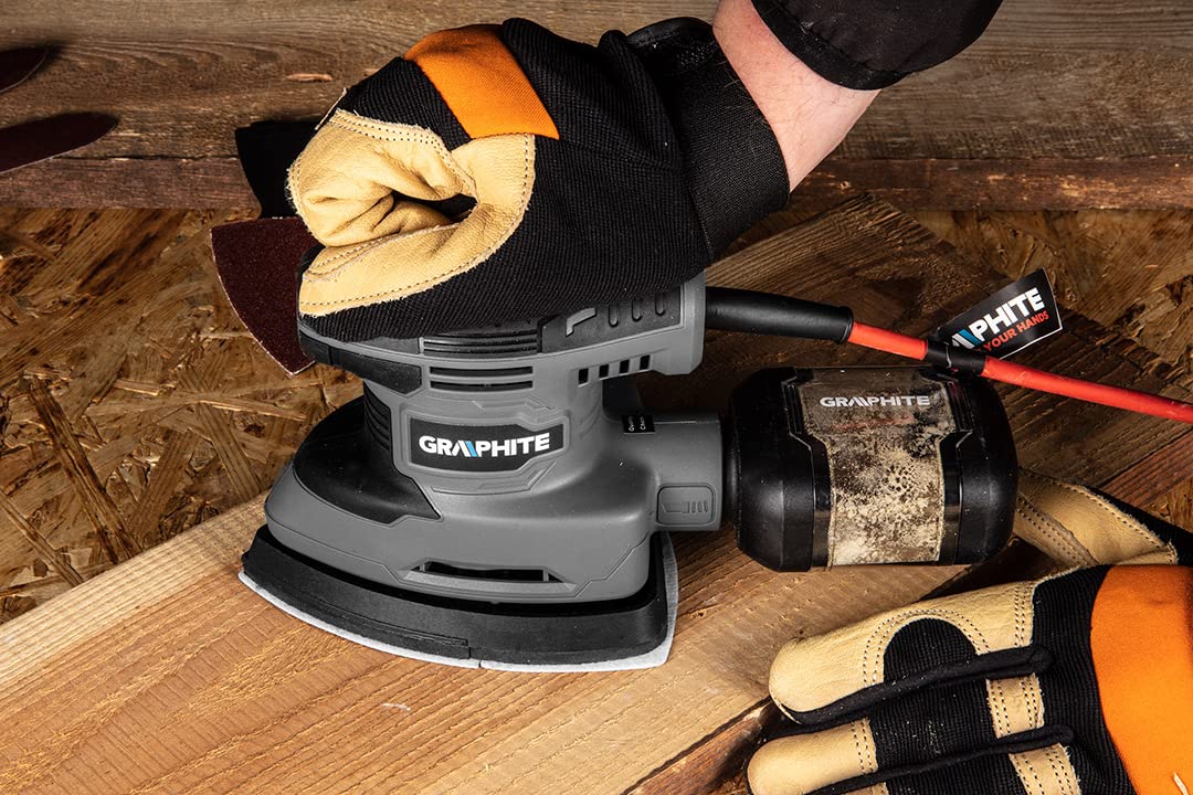 GRAPHITE Ponceuse vibrante Delta 180 W, structure 140 x 140 x 80 mm, vitesse de rotation 13000 tr/min, amplitude d'oscillation 0,8 mm, masse 1,03 kg, accessoires : 9 papiers abrasifs, bac à poussière