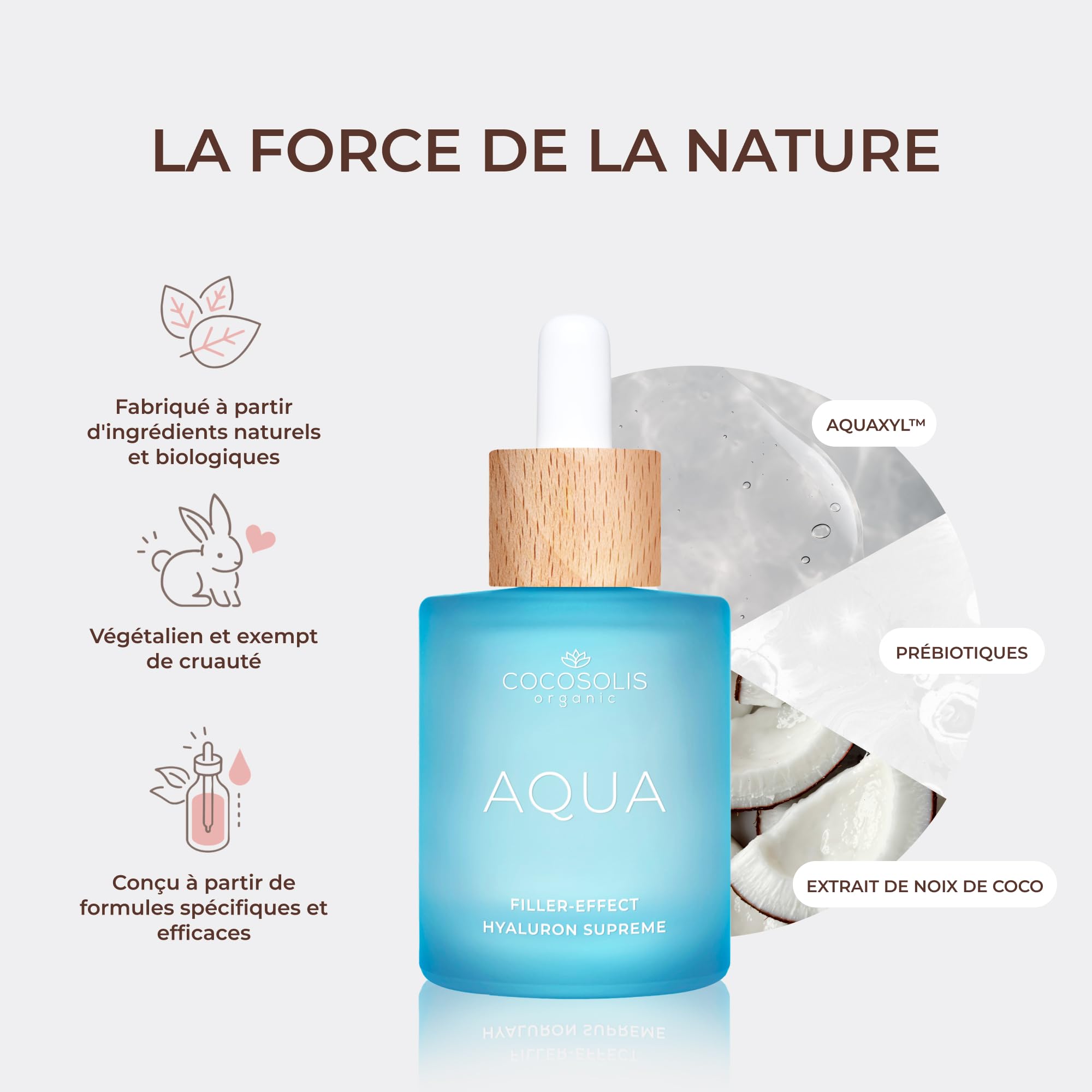COCOSOLIS Aqua Filler-Effect Hyaluron Supreme Sérum pour le visage avec 8 types d'acide hyaluronique et Aquaxyl™, soin de jour anti-âge végétalien avec ultra hydratation