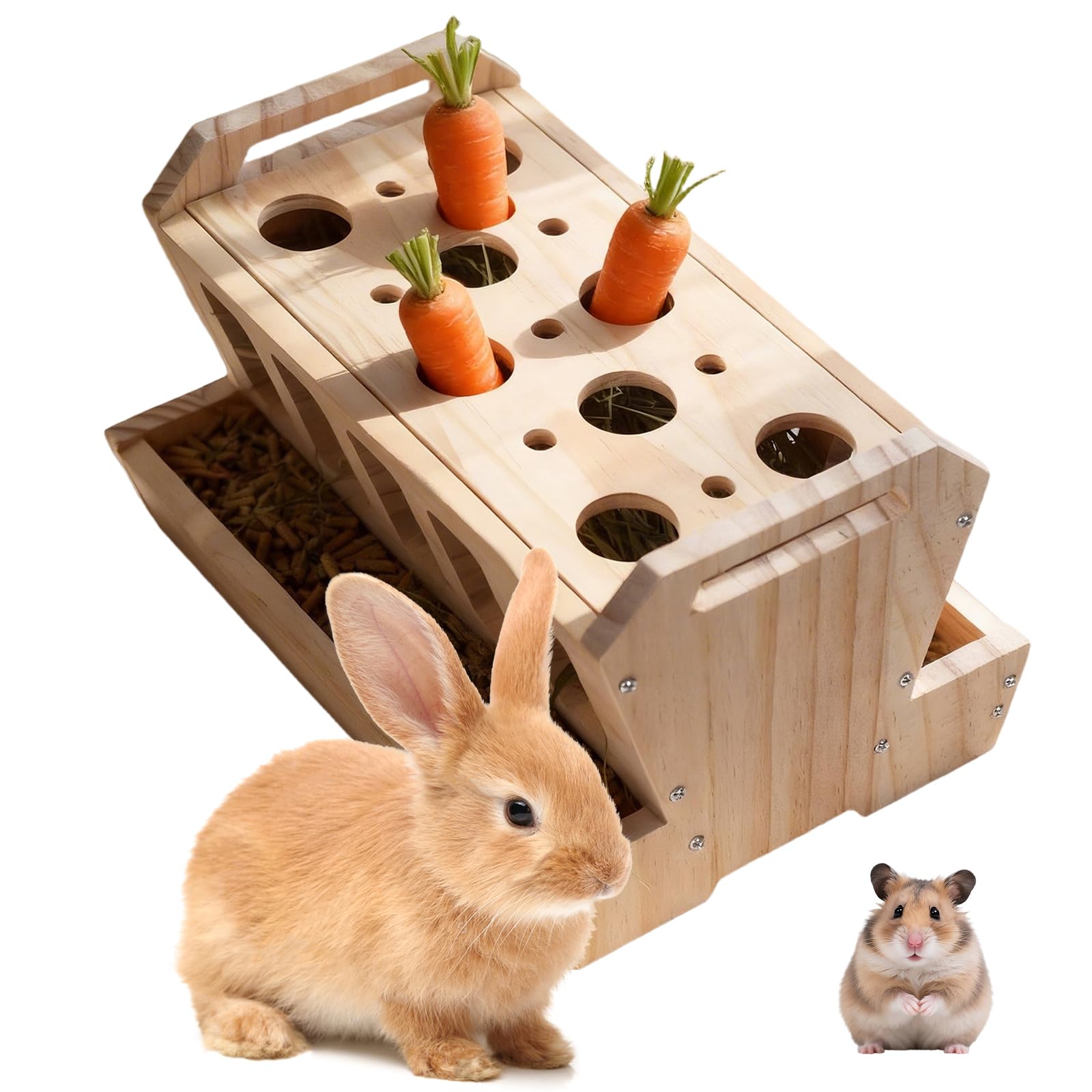 Distributeur de Foin en Bois Grande Capacité pour Lapins, 30×22×18CM Ratelier Foin Lapin, Mangeoire Autonome avec Râtelier à Carottes pour Cochon d'Inde Chinchilla Petit Animal