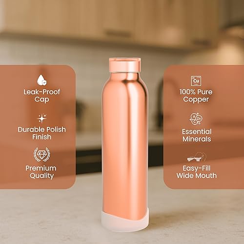 Miniatura 5 de Botella de agua de cobre 100% puro, 30 onzas, 30.4 fl oz, botella de agua de cobre ayurvédico para beber con tapa a prueba de fugas, acabado liso,