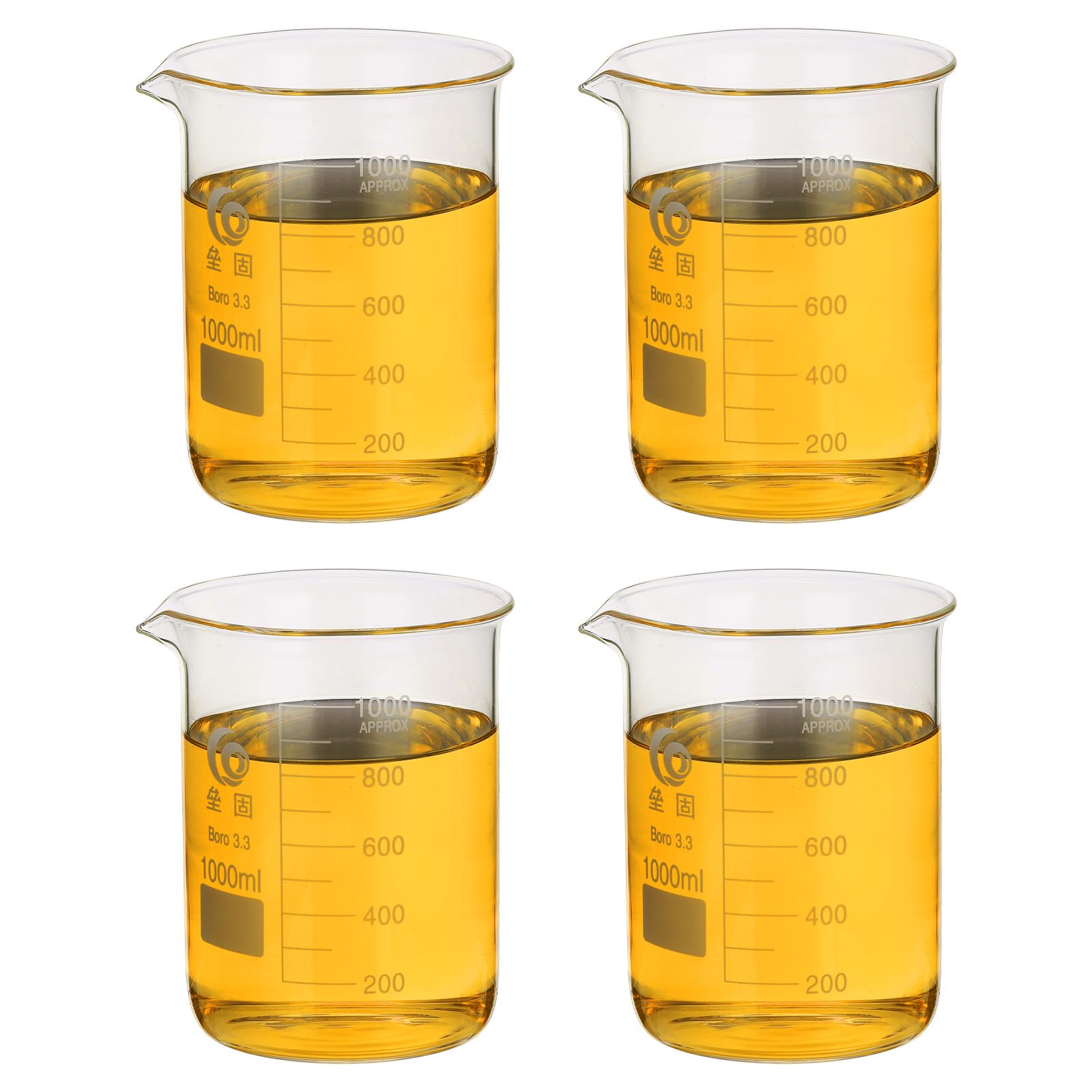 PATIKIL 1000ml Bicchiere Basso In Vetro, 4Pcs 3.3 Bicchieri In Vetro Borosilicato Graduati Con Beccuccio Per Esperimenti Di Laboratorio, Cucina E Cottura, Trasparente