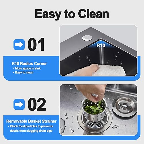 Miniatura 7 de OUGOO Fregadero de cocina de acero inoxidable negro con radio hermético de 25 x 18 pulgadas