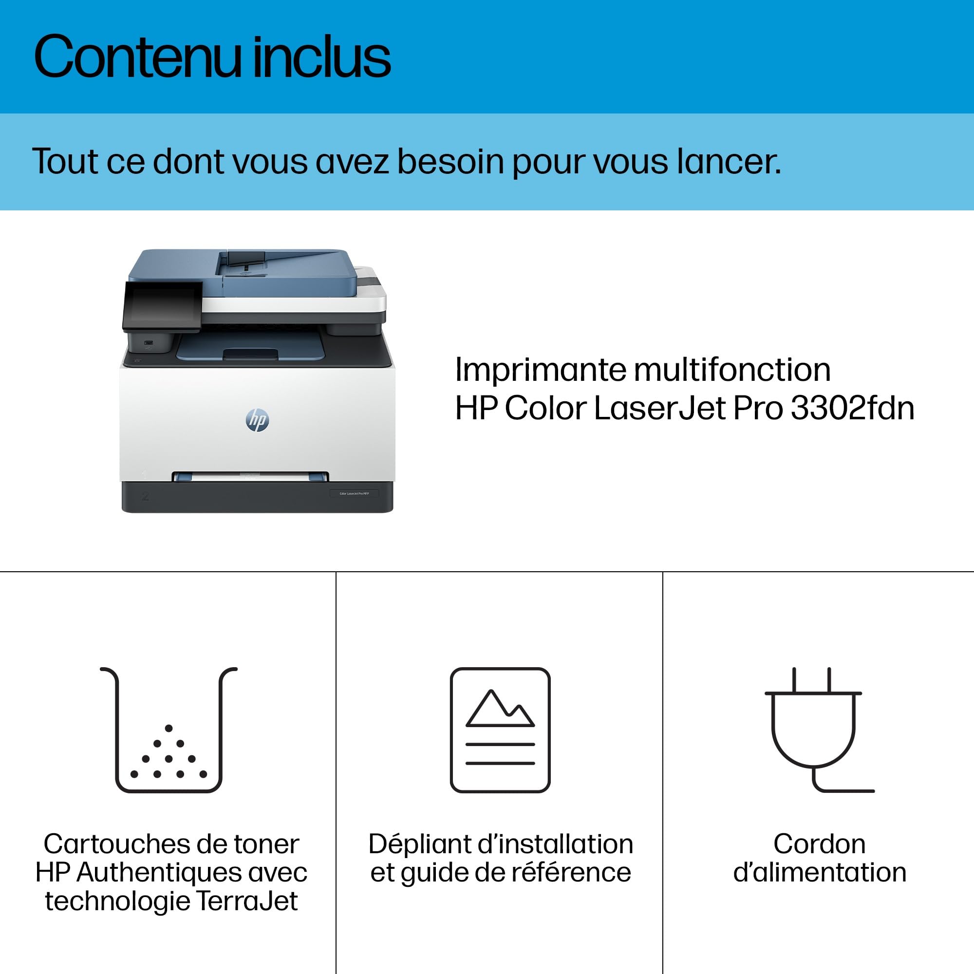 HP Color LaserJet Pro 3302fdn, 499Q7F, Imprimante Multifonction A4, Impression Recto Verso Automatique, 25 ppm N/B et Couleur, USB, Ethernet, Fax, Copie, Numérisation, ADF 50 Feuilles, Smart, Bleu