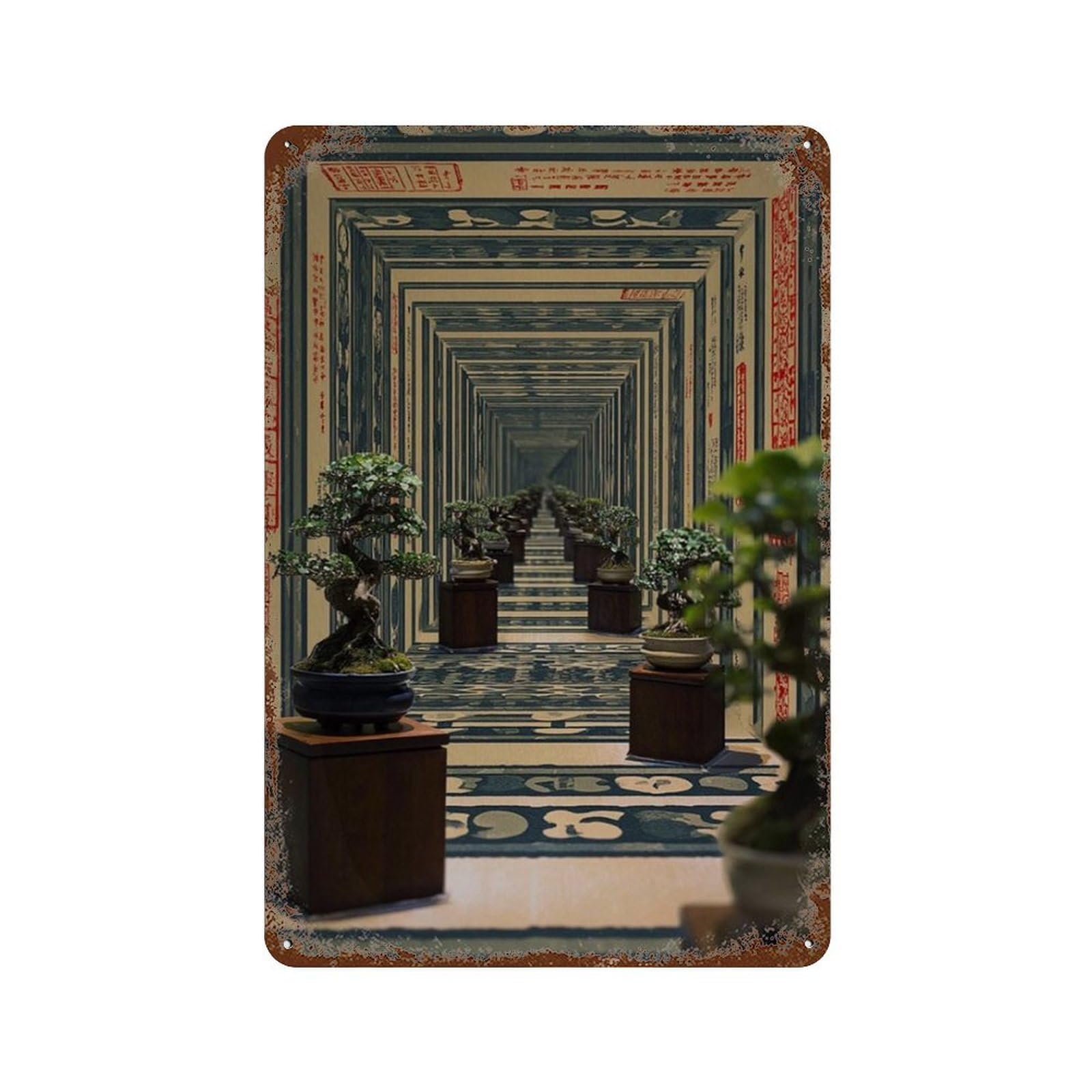 xiaoxiaoshen Bonsai Corridor Japanese Architectural Perspective Zen Interior Hallway Wall Decor Art Metal Tin Poster Modern Home Decor Art Home Bar Shop Decorations Vintage Sign 30x20cm