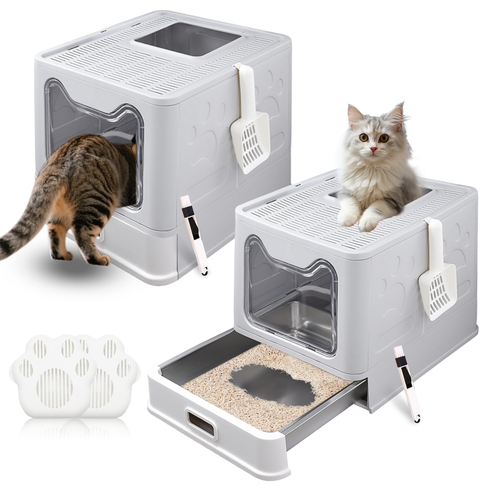 2er Set Katzenklo mit Deckel, ausziehbares Edelstahl Tablett und Katzenklo Schaufel, hop in Katzenklo XXL Katzentoilette geschlossen geräumig katzenklo groß für Katzen bis 15 kg