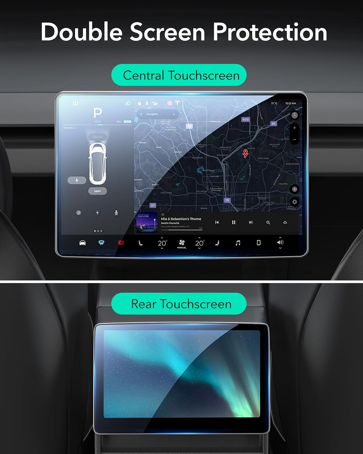 ESR Tempered Glass Screen Protector for Tesla Model 3 2025/2024 Highland, 15.4'' Center Console and 8'' Rear Touchscreen Protection Set, 9H Glass Matte Film Accessories with Alignment Kit, Anti Glare