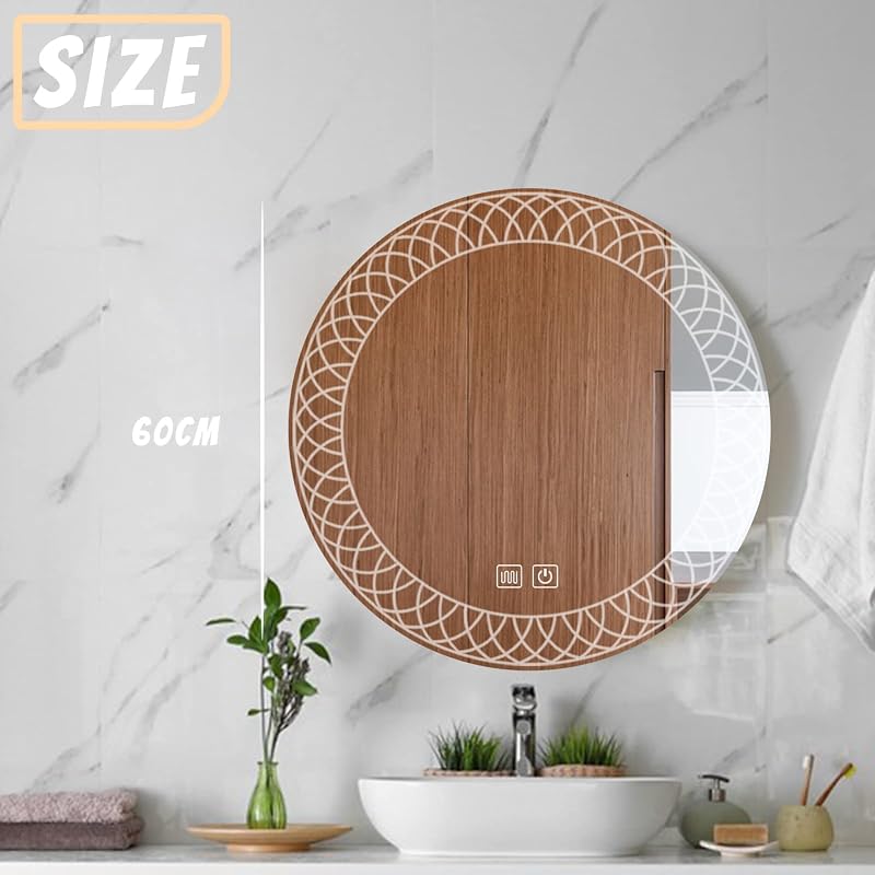 YOSHOOT 60 cm Kerek Fürdőszobai Tükör LED Világítással, Páramentesítő, Érintőgombos, Fényerőszabályzós, 3 Színhőmérséklet, IP44 Vízálló