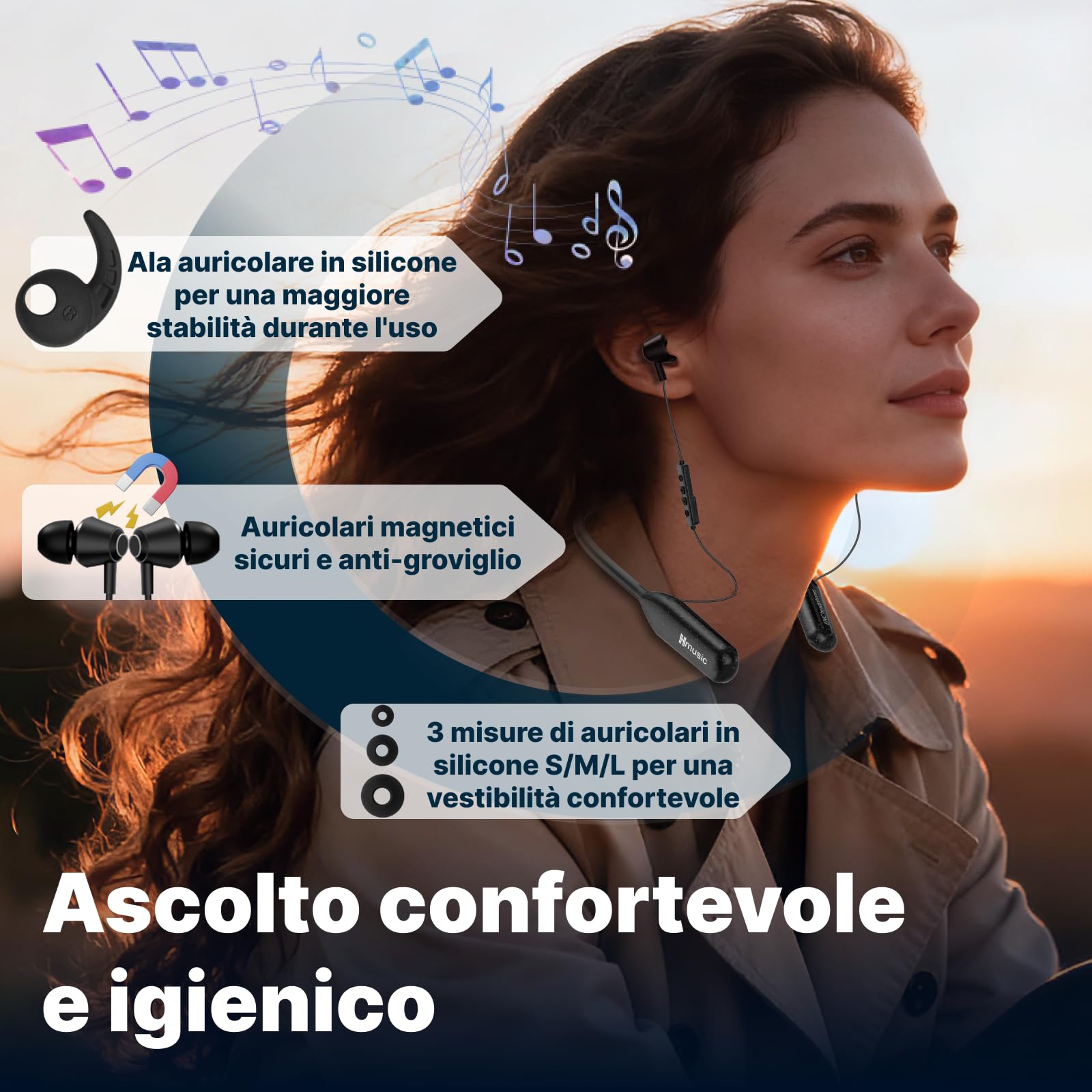 Hmusic Cuffie Bluetooth con Archetto da Collo - Batteria grande, Nero | 200 ore di riproduzione, Impermeabile IPX5, Isolamento acustico, auricolari magnetici per sport, corsa, palestra, cantiere