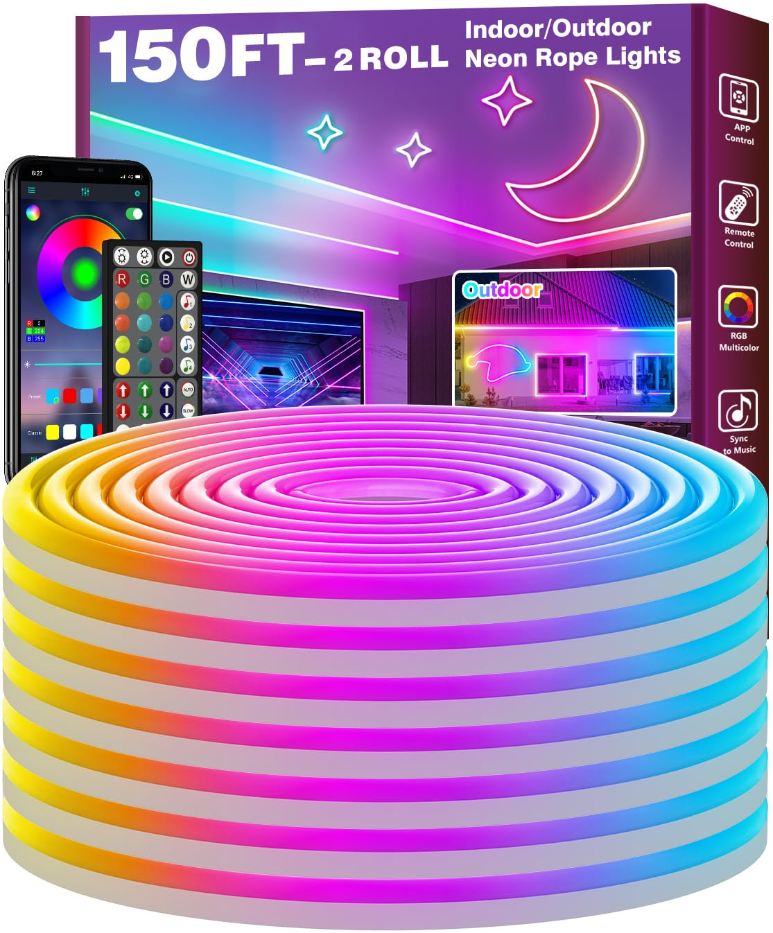 Photo 1 of 150Ft Led Rope Lights, Flexible Neon Lights Control with App/Remote, Multiple Modes, IP65 Outdoor RGB Waterproof, Music Sync Gaming Light Strip for Bedroom Decor