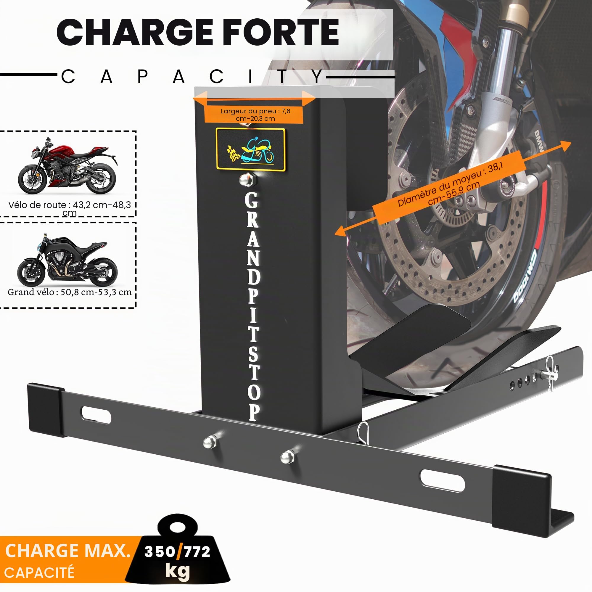 GRAND PITSTOP Cale de roue universelle pour moto Crusier, Sports et Dirt Bikes, très résistante capacité de charge de 907,2 kg, support de moto pour remorque, entièrement réglable, amovible et pliable