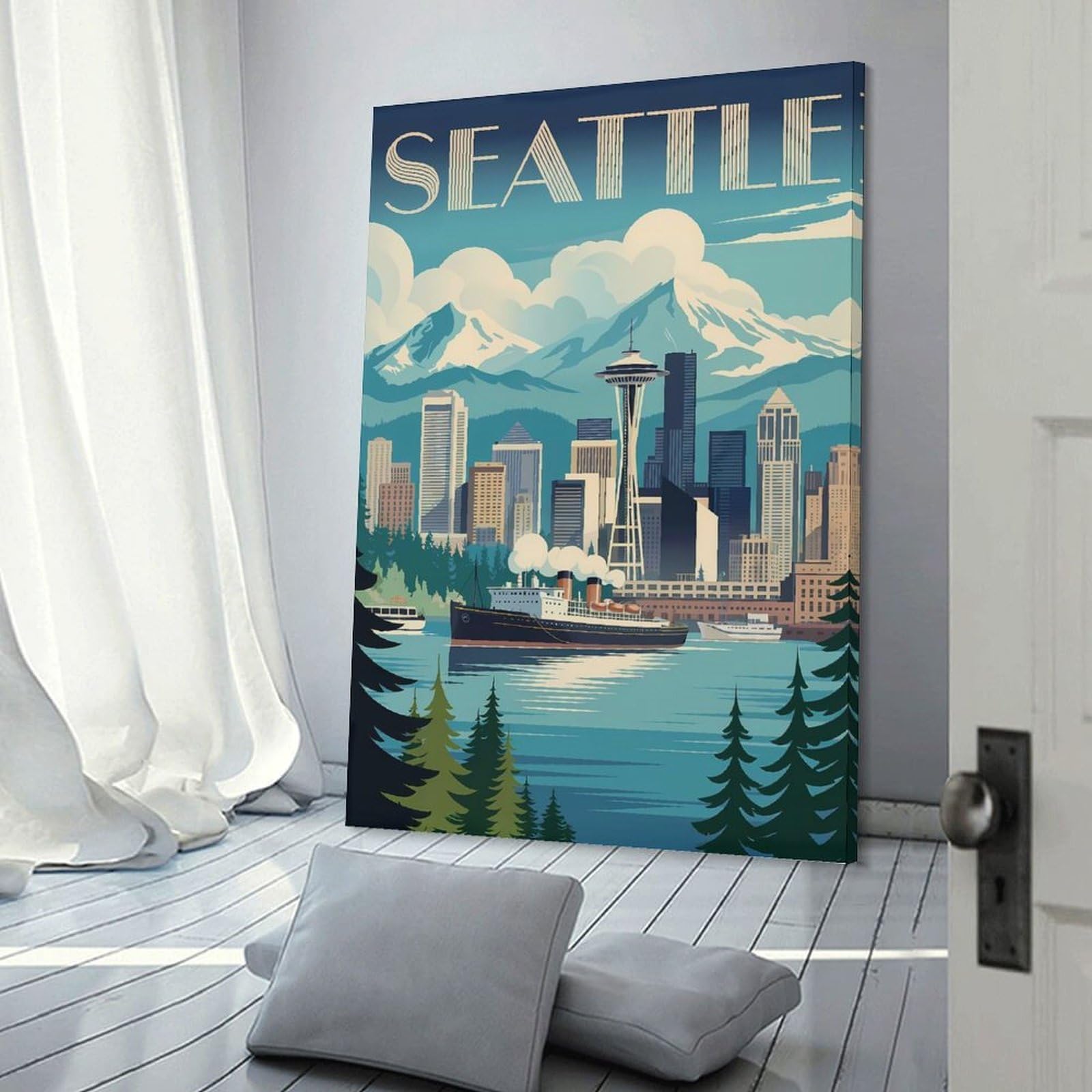 Junmoney Seattle Cityscape Travel (2) Decorative Canvas Print 08x12inch(20x30cm), for Gallery Wall Layouts in Home Or Office, Home Wall Art for Statement Displays