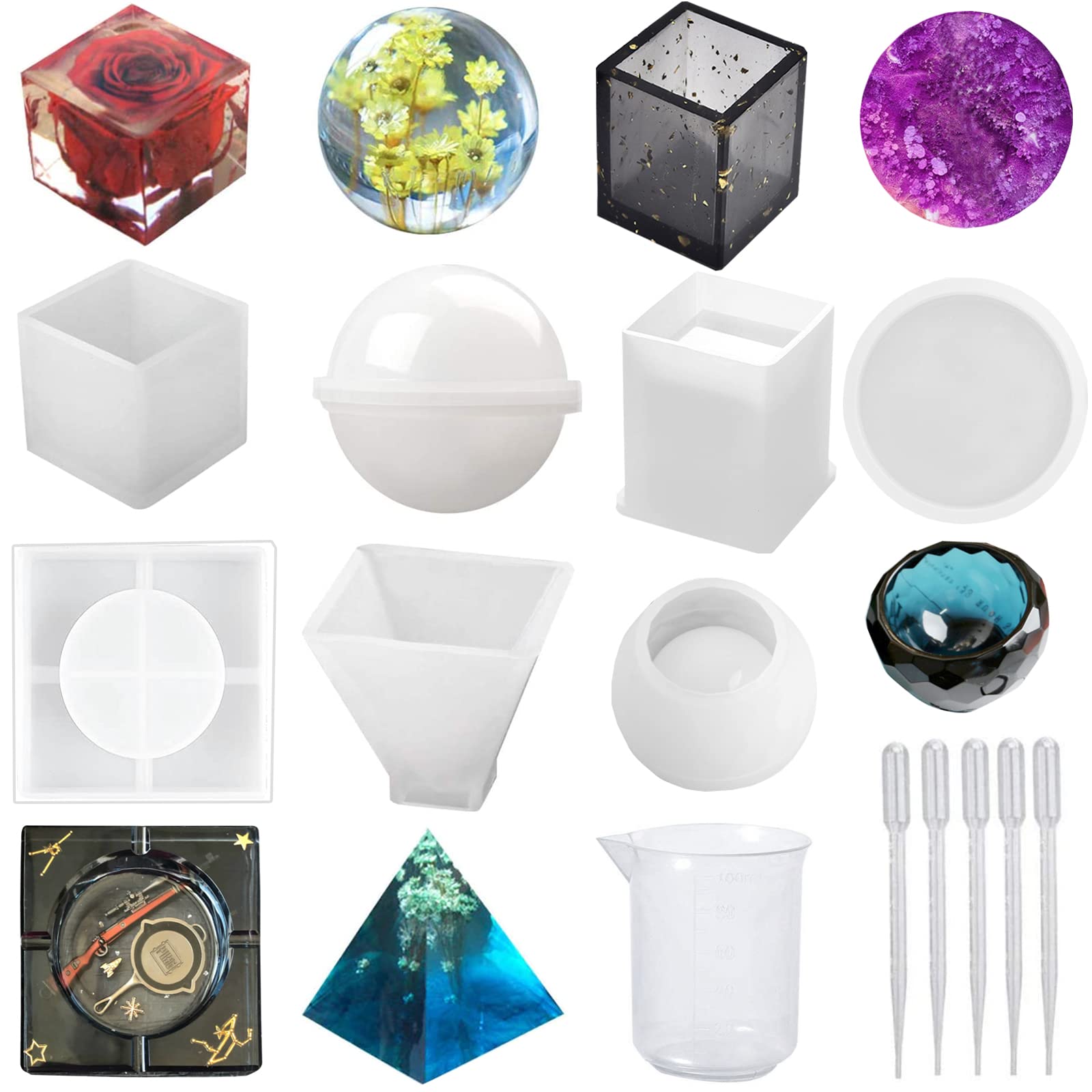 13Pcs Silicone Resin Molds Kit, Resin Casting Molds Including Sphere, Cube, Pyramid, Round, Ashtray, Flower Pot, Pen Holder with 1 Measuring Cup & 5 Plastic Transfer Pipettes