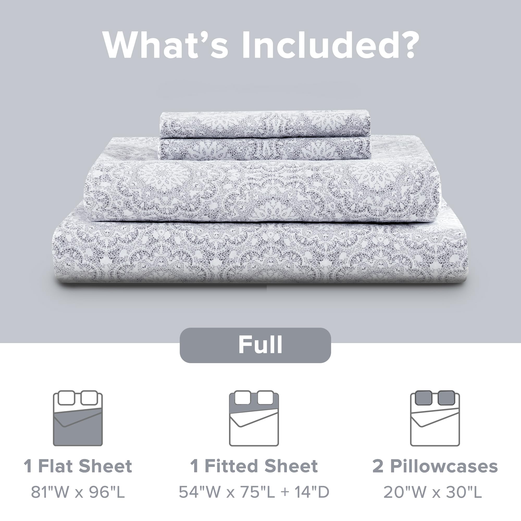 Comfort Spaces Komplet pościeli, 100% bawełna, oddychający, lekki, miękki, z elastyczną kieszenią 35 cm, do materacy o grubości do 40 cm, pościel całoroczna, poszewka, 4 el., Full Adelia, szary