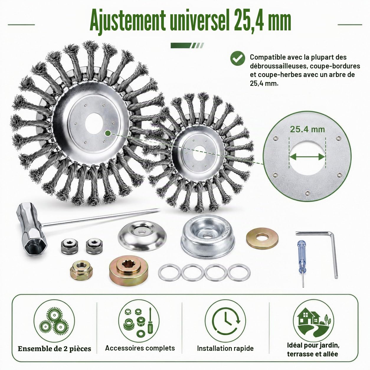 Lot de 2 Tête de Débroussailleuse Universelle, 6+8Zoll Brosse Métallique Débroussailleuse en Fil Acier, Alésage 25,4 mm, Brosse de Désherbage pour Mauvaises Herbes, Mousse et Jardin