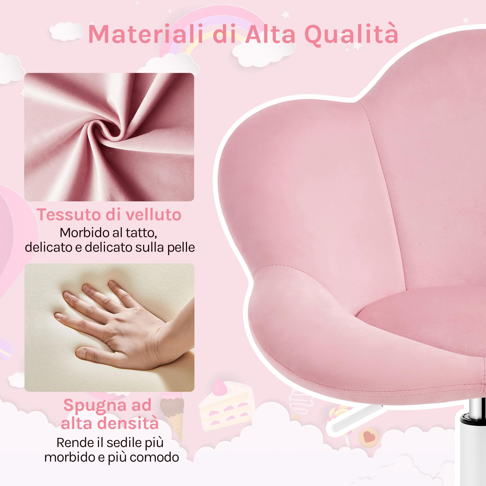 WOLTU Sedia da Scrivania per Bambini, Sedia Ufficio Ergonomica Girevole e Regolabile in Altezza con Rotelle, Seduta a Forma di Fiore per Studio, Camera da Letto, Velluto, Rosa Pastello